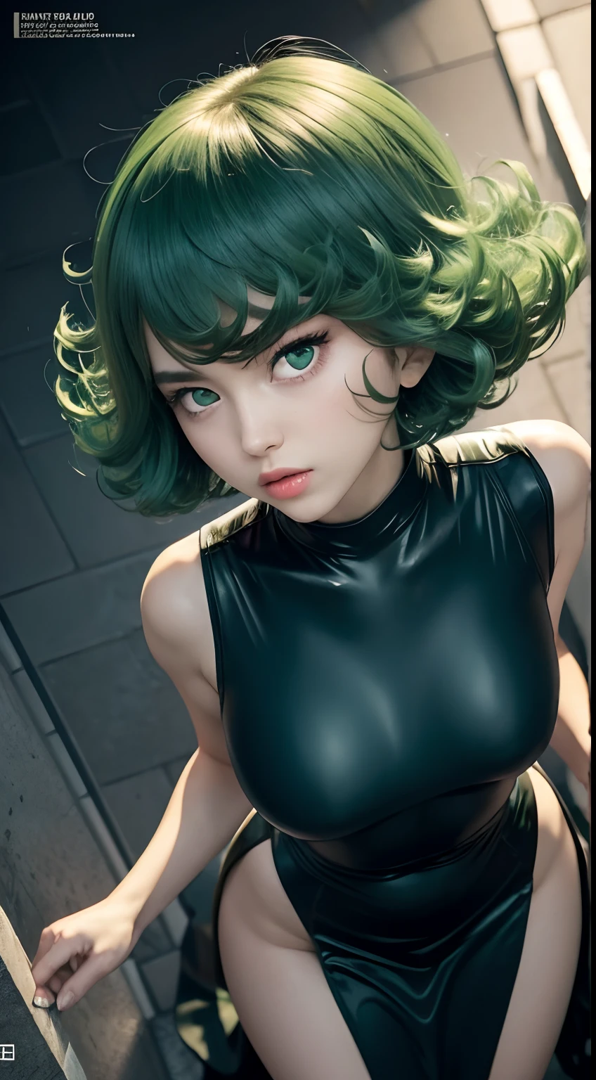 (beste-Qualit, 8K, 12), 1 girl, tatsumaki, Short Hair Hair, green hair, giant breast, the perfect body, ultra detail face, detailed lips, Slender Eyes, black dress, standingn, enticing, Excited, convex areolas, in heat, Milf, steam, Sex, trembling, , Looking Up, From directly above, ahegao, 1 girl/tatsumaki