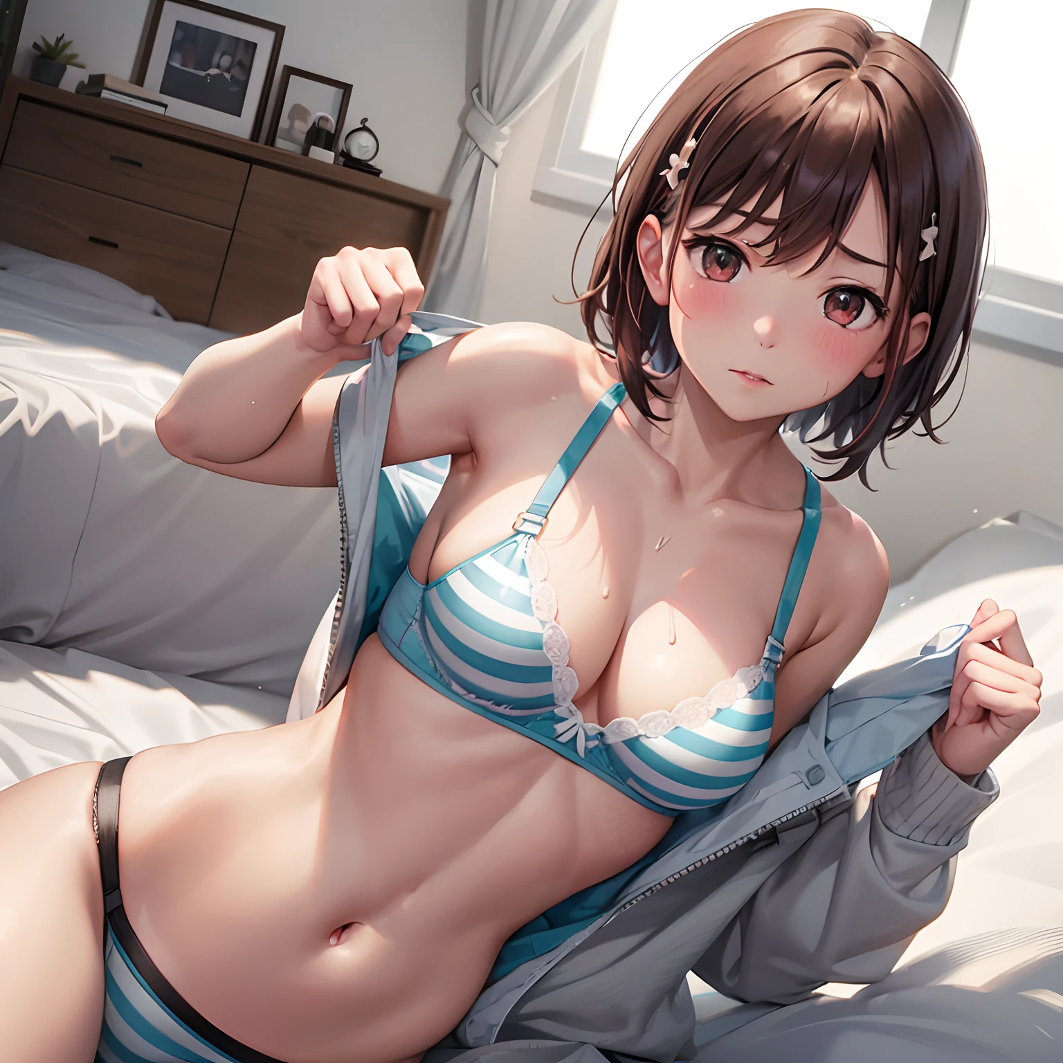 NSFW ４ｋqulity, top-quality, Misaka_mikoto, Brown-eyed, Short_hair, Ultra-small_Breast,）On a hotel bed　Blue lingerie　１６age　sexypose　Bewitching　Breaking a white bra with heavy sweating、Pink bra、Blue bra、Green bra、Greybra、Light grey bra、 Striped bra、Polka Dot Bra、Plaid bra、Cute bra、Kids Bra、Sportsbra、Camisole、Cotton panties