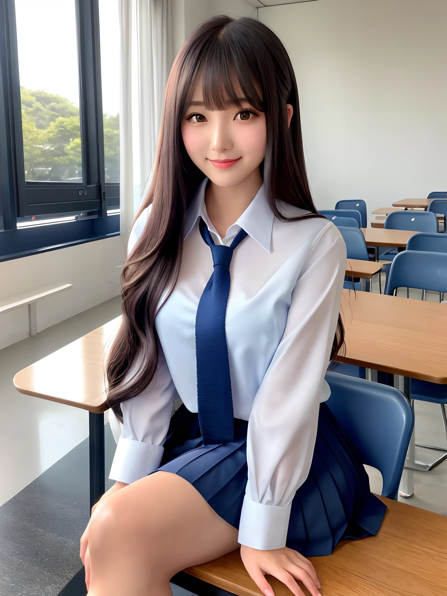 very cute high school girl, collared shirt,high school student,japanese uniform,big breasts:1.5,black hair,bangs,soft lips,delicate skin,(shiny skin),(masterpiece:1.4),(highest quality:1.4),school classroom,Squatting,
