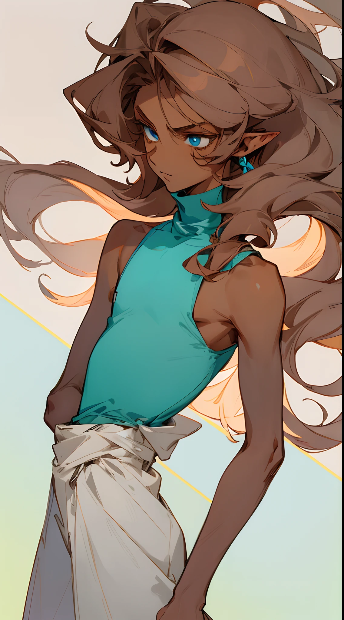 (masterpiece, best quality) detailed, 1Character , blue archive art style , pastel washed out colors , cell shade , soft, muted shades ,gentle colors ,
Wearing a sleeveless turtleneck, crop top , white and blue clothes ,
((Beautiful man:1)) , ((Dark skin:1.5)) , ((long hair)) , ((brown hair)) , ((male:1.4)) , full lips , light blue eyes ,((pointed ears:1)) ,big hair , voluminous hair , ((Skinny build)) ,effeminate , full long eyelashes , Bishounen, possess delicate and androgynous features
