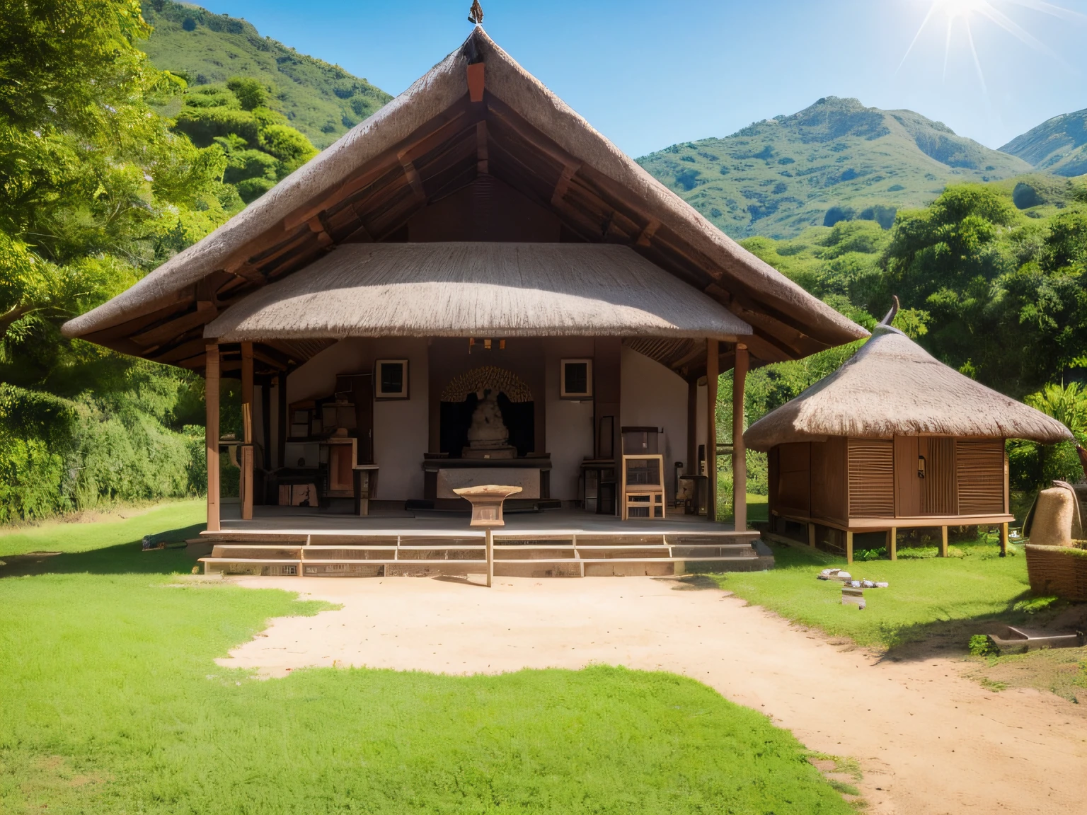 A peaceful village with a thatched hut in the foreground, Inside the hut, a Buddha statue is sitting on a meditation altar, In the background, villagers are going about their daily lives, working in the fields and tending to their animals, The sky is a clear blue, and the sun is shining brightly