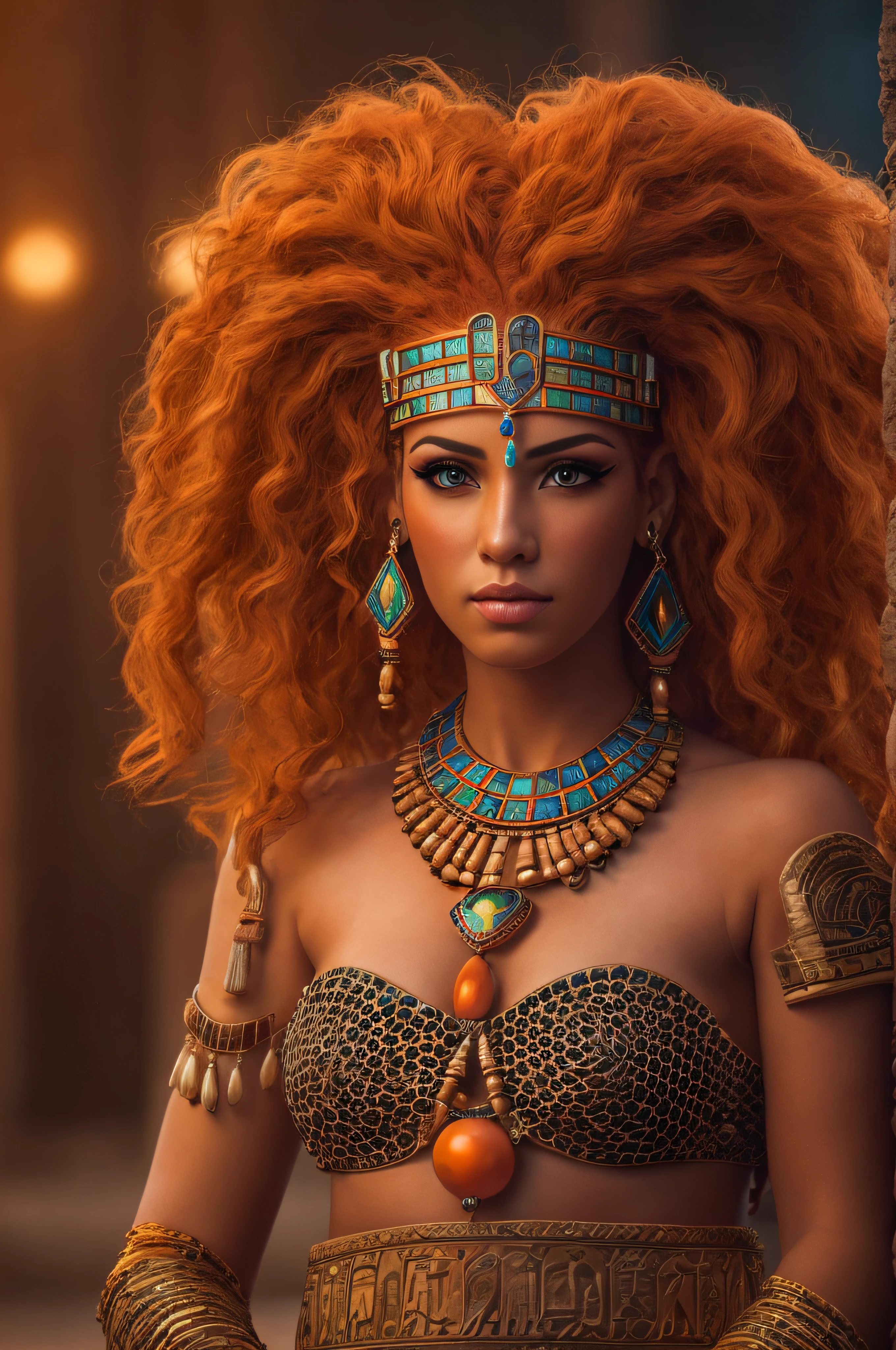Red-haired snake woman,with Cleopatra costume and pyramids background,fully body