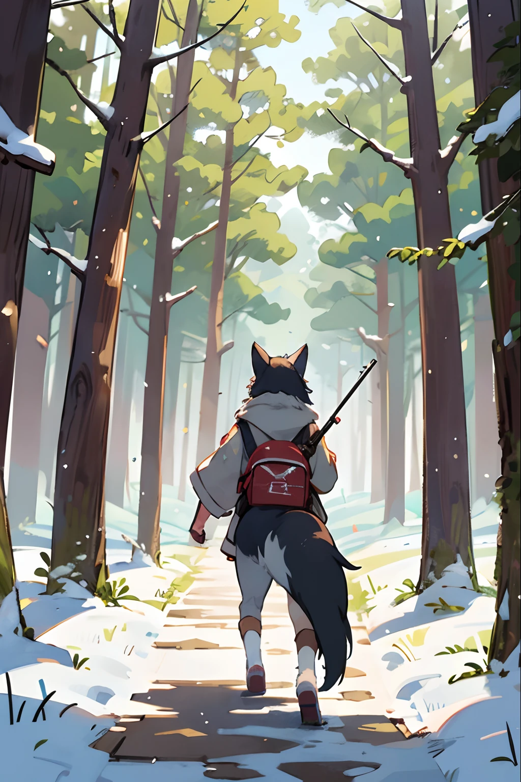 in woods、One big wolf、Walk slowly as if aiming for prey、Shooting from behind