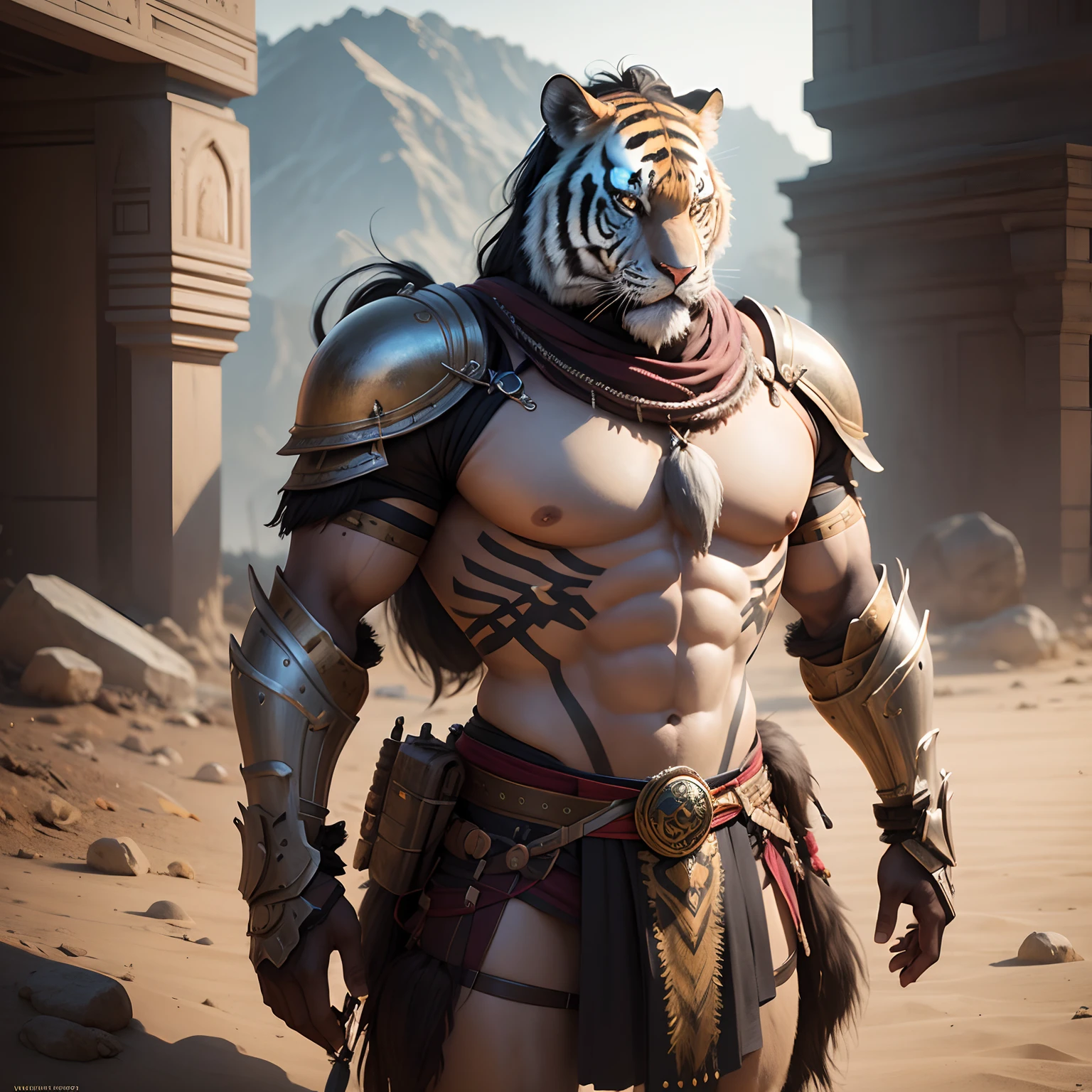 Indian Tiger Warrior in Realistic 4K Armor, full entire body,Super Detailed, Vray Display, Unrealistic engine, Midjourney Art Style.