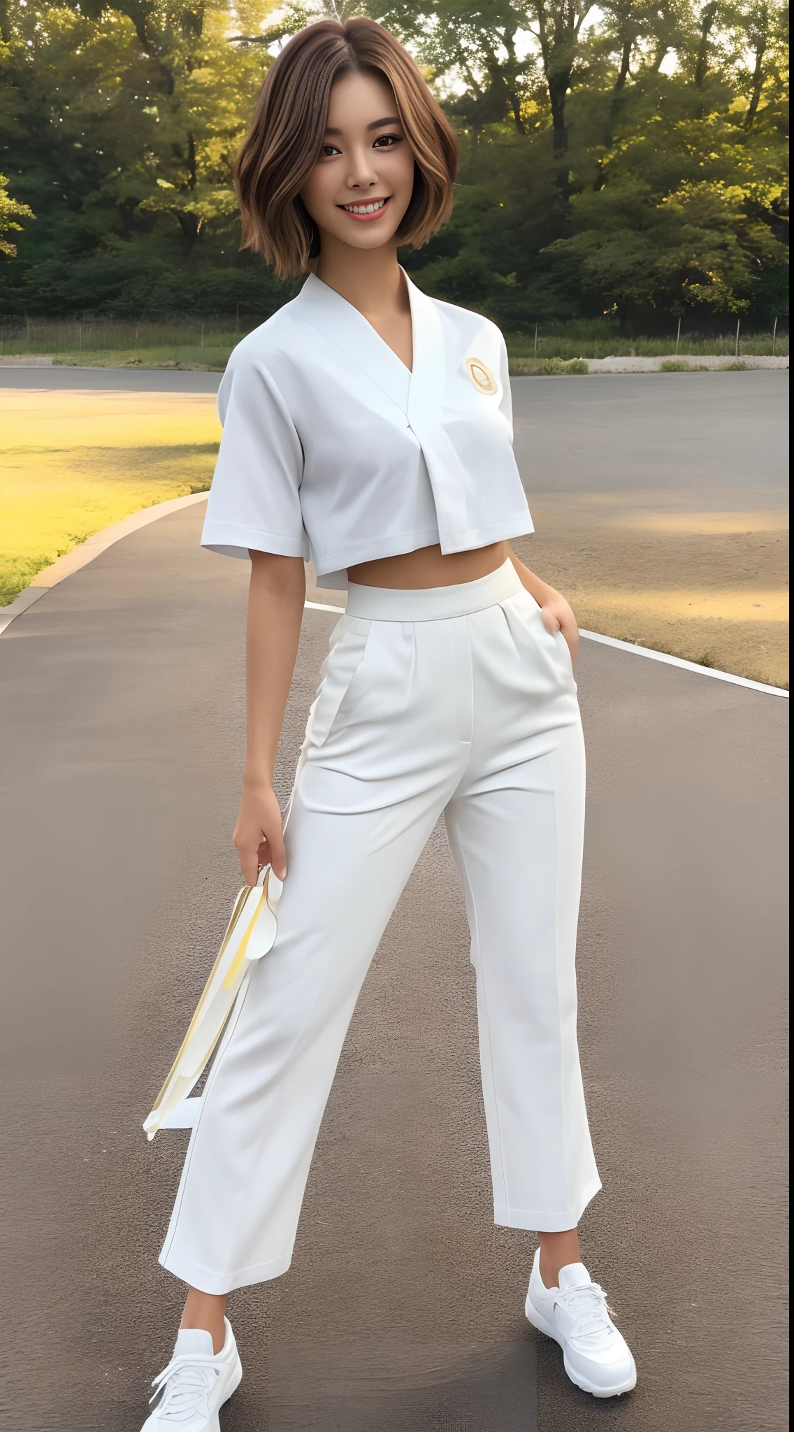 (Photorealsitic)(), Perfectly beautiful woman, (Full body 8K portrait), White Karate Uniform, White karate pants, Large bust,Stand alone, Perfect facial detail, (Smile: 1.15), attractive beautiful face, gazing at viewer, a small face, 二重まぶた, Beautiful detailed eyes, long eyeslashes, ligh brown hair, Bob Style Hairstyles, Toned waist, Beautiful thin legs, toned ankles, bare-legged ,TOKYOcty