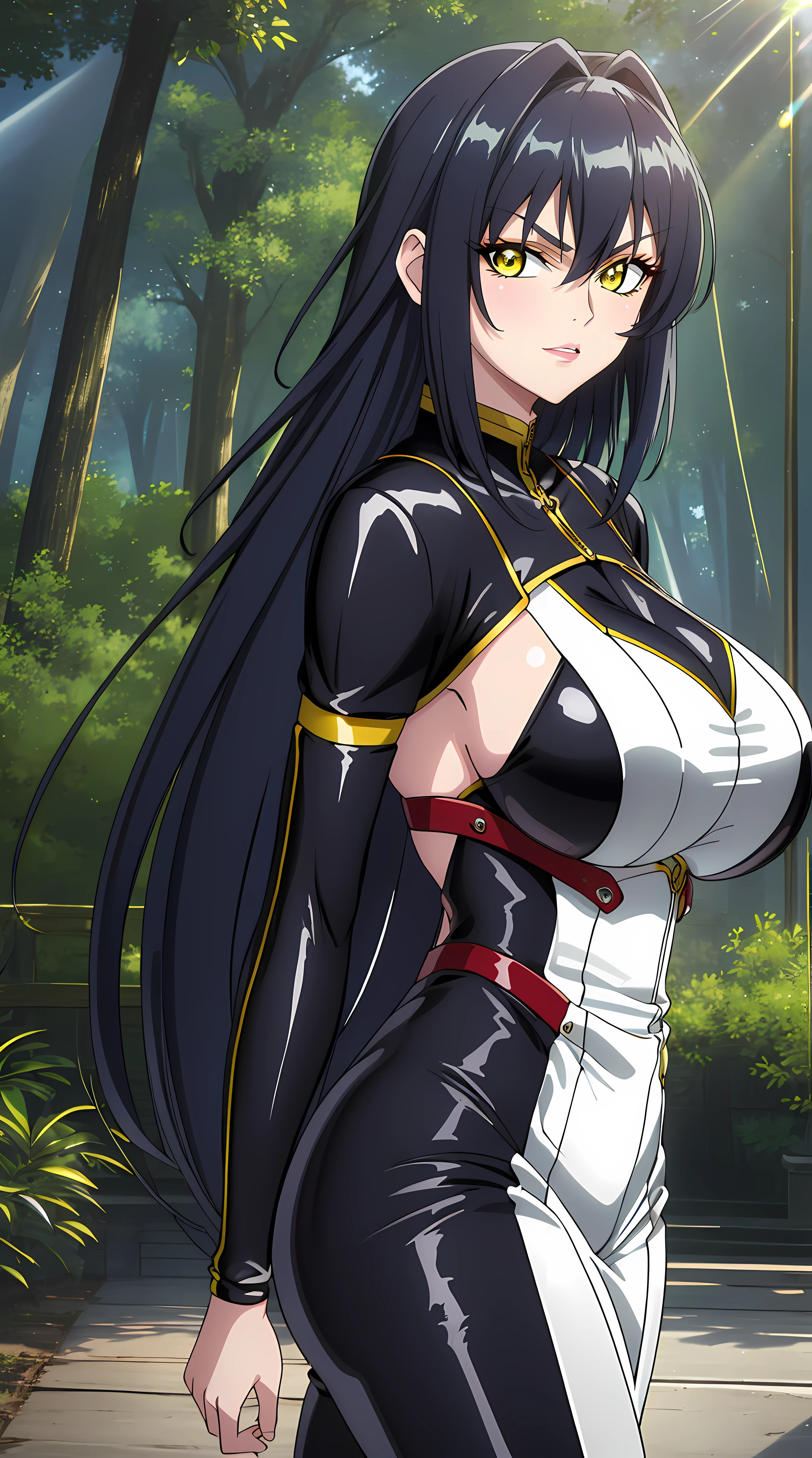 (masterpiece:1.4),(best quality:1.4),  soft lighting, cinematic bloom, beautiful face, beautiful eyes, cowboy shot,
Annerose, 1girl, solo, female mature, black hair, long hair, yellow eyes, large breasts, bodysuit, black outfit, higheels, shiny clothes, skin tight, hair intakes, covered breasts, sideboob, extremely detailed character design CG unity 8k HDR, beautiful character design,