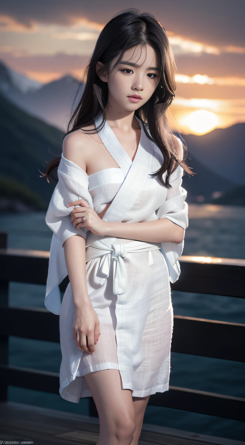 ((Best quality, 8K, Masterpiece :1.3)), Sharp focus:1.2 , Photorealsitic,(Cinematic lighting),Facial detail texture. Eye details. Double eyelids, Slender body. Super small breasts, Sexy collarbone,, photo-realistic:1.37,Perfect eyes, ((1 Girl in a white yukata)),(white sash),(Ultra-thin fabric),((Ragged linen)),With a petite figure,brunette color hair,Long hair draped loosely,Qi bangs,Standing in the snow,The barefoot,Full body like,short- sleeved,short skirt,Exposing thighs,folds,((solid color backdrop)),is shy,Be red in the face