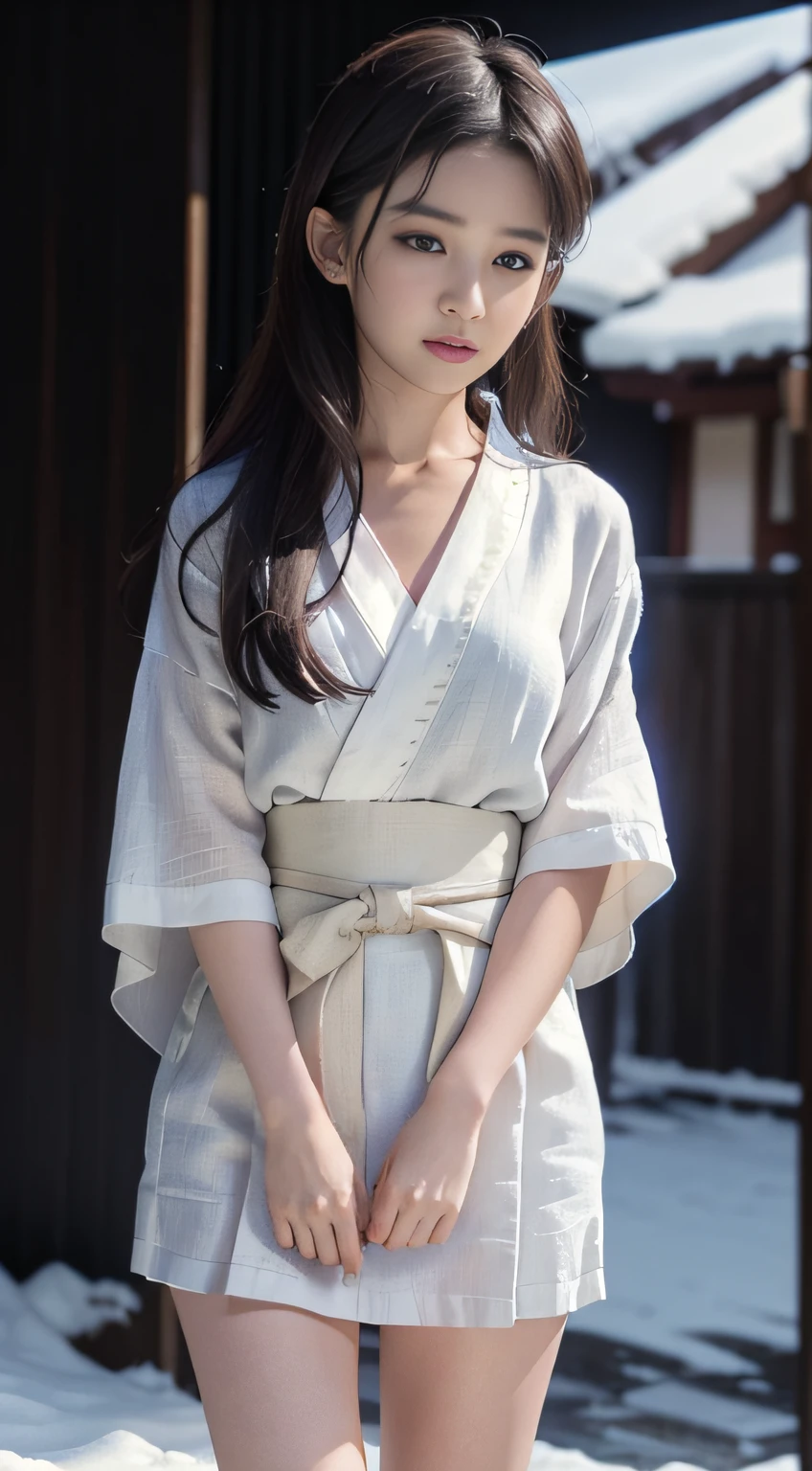 ((Best quality, 8K, Masterpiece :1.3)), Sharp focus:1.2 , Photorealsitic,(Cinematic lighting),Facial detail texture. Eye details. Double eyelids, Slender body. Super small breasts, Sexy collarbone,12-year-old girl, photo-realistic:1.37,Perfect eyes, ((1 Girl in a white yukata)),(white sash),(Ultra-thin fabric),((Ragged linen)),With a petite figure,brunette color hair,Long hair draped loosely,Qi bangs,Standing in the snow,The barefoot,Full body like,short- sleeved,short skirt,Exposing thighs,folds,((solid color backdrop)),is shy,Be red in the face