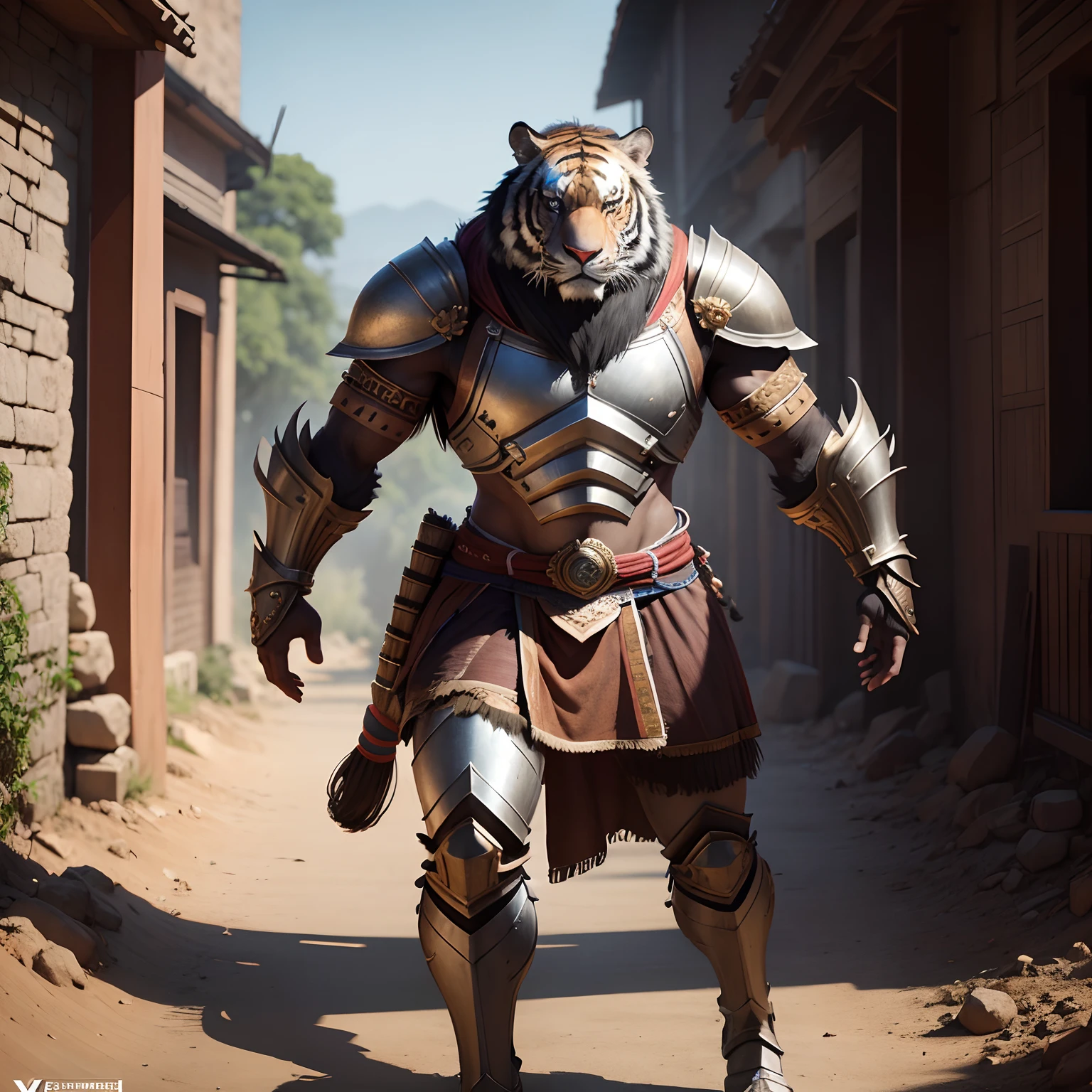 Indian Tiger Warrior in Realistic 4K Armor, full entire body,Super Detailed, Vray Display, Unrealistic engine, Midjourney Art Style.