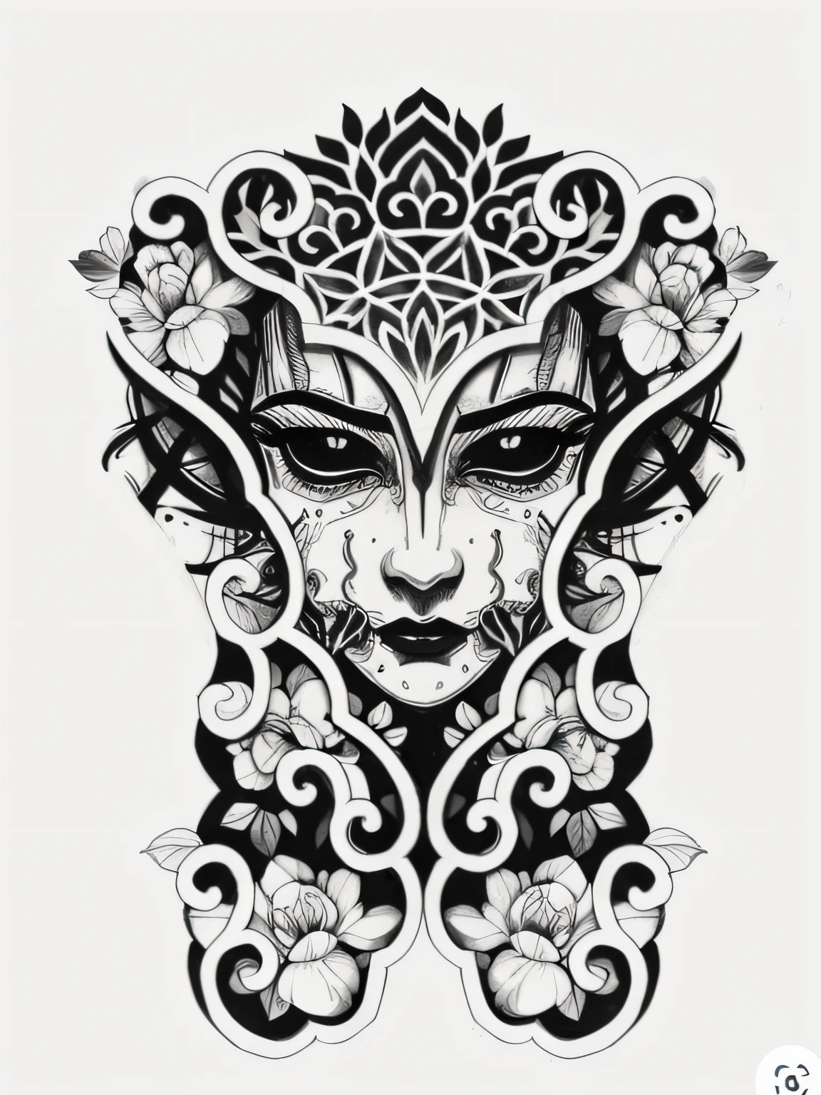 A drawing of a woman with a face and a flower on her head, intrincado rosto detalhado, design de tatuagem, detailed symmetrical face, design de tatuagem conceitual, tattoo design sketch, design de retrato intrincado, tattoo sketch, rosto intrincado, vestido detalhado e rosto, Rosto feminino detalhado, deusa. detalhes extremamente altos, medium sized tattoo sketch, art deco flower shaman, elaborate ink illustration