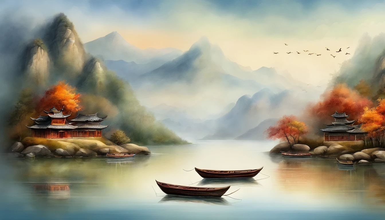 Paint a mountainous landscape with a lake and boats, Illustration matte painting, , chinese surrealism, Chinese landscape, Inspired by Kanō Naizen, Chinese style painting, symmetric matte painting, Detailed scenery —width 672, japonisme 3 d 8 k ultra detailed