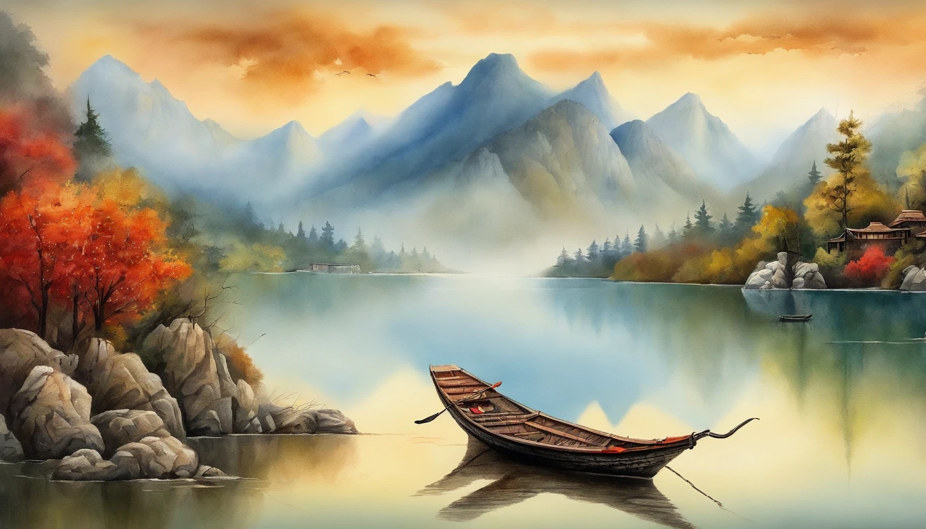 Paint a mountainous landscape with a lake and boats, Illustration matte painting, , chinese surrealism, Chinese landscape, Inspired by Kanō Naizen, Chinese style painting, symmetric matte painting, Detailed scenery —width 672, japonisme 3 d 8 k ultra detailed