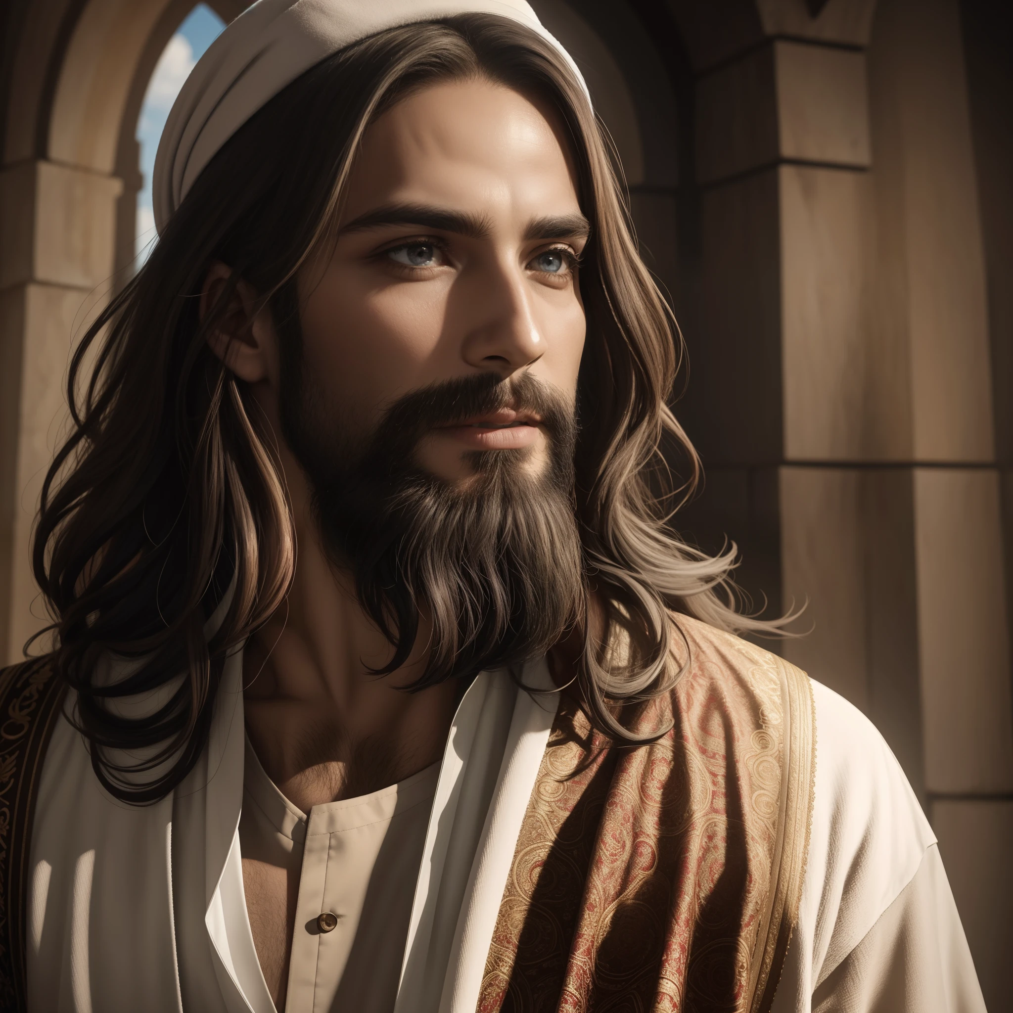 Jesus Cristo, Cristo Jesus, Yeshua, Messias, divino, messias, Homem macho, Rosto bem detalhado, rosto sem marcas, face detalhada, belo rosto, rosto viril, vigoroso, olhos uniformes, Olho castanho, Olhos castanhos uniforme, cor dos olhos castanho, Olho castanho normal, Olho realista uniforme, olhos naturais, olhos realistas, olho sem defeito, boca detalhada, boca normal, Naturalmente Divino, Realista HD, Deus, heavens, celestial, olho realista, olhos detalhados, olhar piedoso, olhar forte, rosto detalhado, boca normal, boca detalhada, renderizado, fotorrealista, Ultra HD | | | | | |, 4k, texturas detalhadas, cores detalhadas, Sombras realistas, sombras detalhadas, Cristo, decente, long tunic, barba grande, Barba Judeu, peace of mind, Homem, macho, Jesus, Iesus, Messias de Israel, hebraico, cores detalhadas, nitidez detalhada, Ultra HD | | | | |, Texturas realistas, contraste detalhado, 8k, sem turbante, without a hat, Decent bathrobe, roupa bem comportada, hebraico, UltraHD 8K, alta qualidade, fotorrealista, renderizado, barba cor uniforme, natural, Cabelos cor uniforme, cabelos cor negra uniforme, shirt covering well up to the neck, camisa respeitosa, decente, decency, olhos detalhados uniformes, olhar piedoso natural,