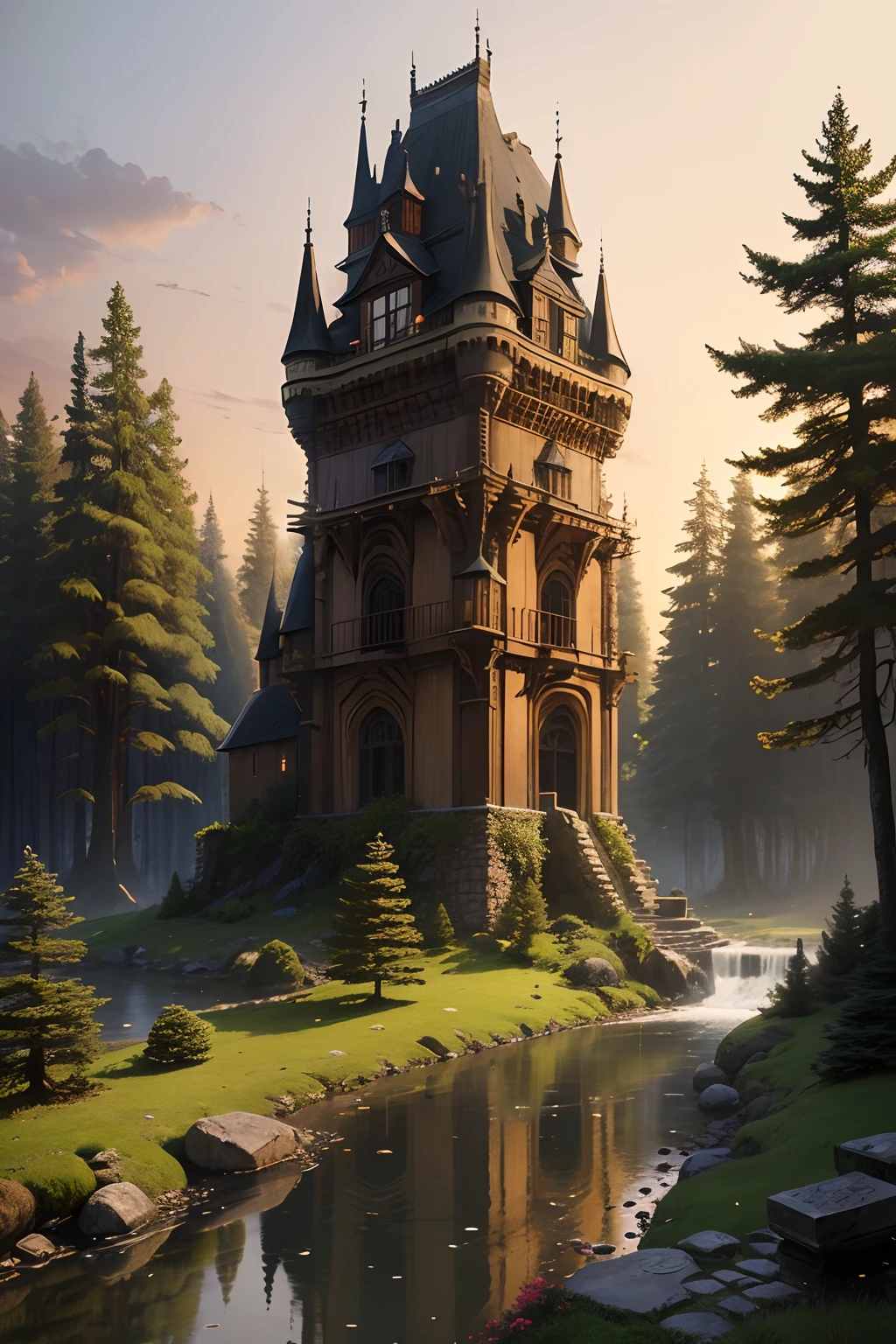 a castle of wood and stone
between tall trees, far from the ground, with a stream below, fireflies, in the late afternoon, with a stone statue of a warrior in front