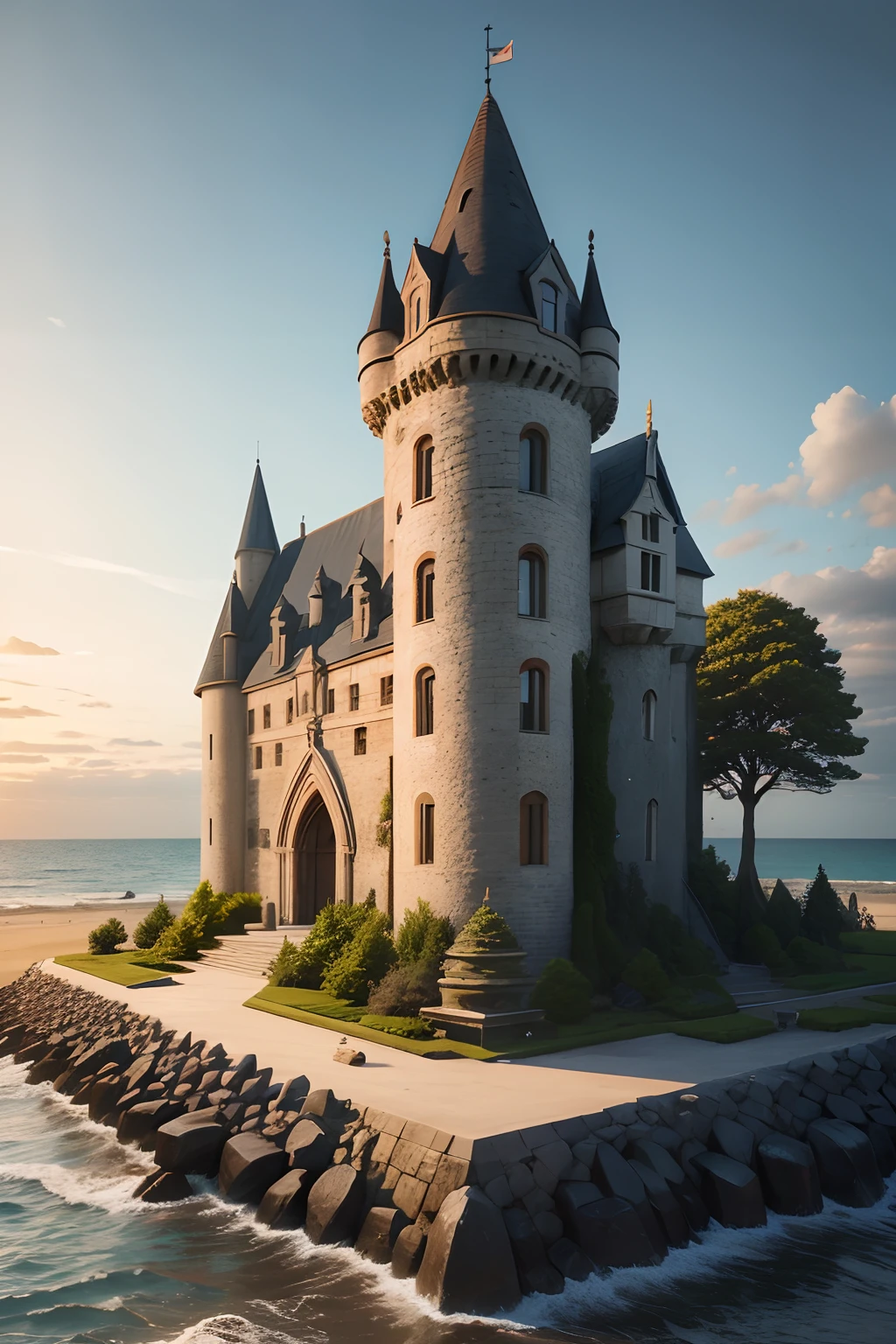 a stone castle, on the beach, with a wall, in the late afternoon, with a statue in front, with a forest next to it