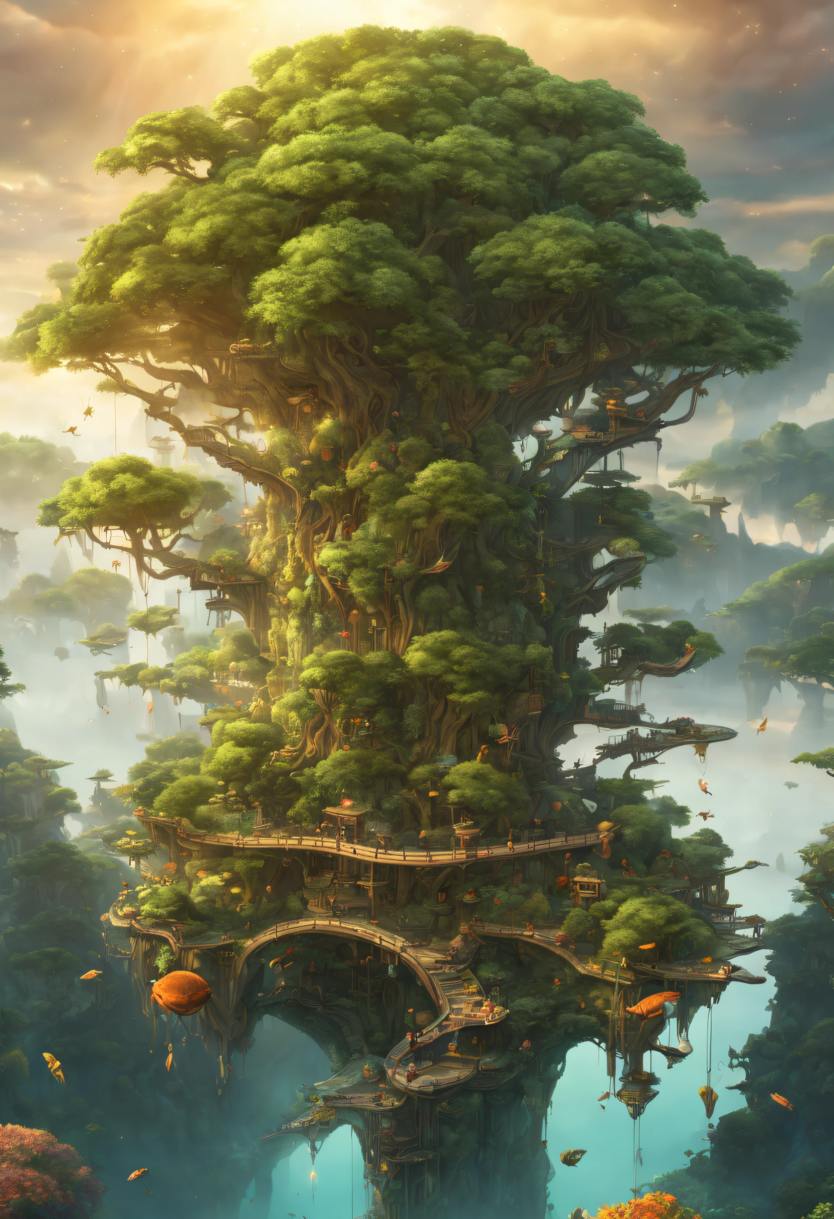 (((World Tree)))masutepiece, High quality, Sea Forest, The tree々Connecting bridges、Pollen falls、Fantastic Fantasy, glowing plants, Coral Viaduct, Fish with transparent wings flying in the sky, myst, Extreme Detail, Morning light, epic composition, (intricate-detail), (Complex design, Ultra Detail: 1.2), Art Station, (masutepiece, Best Quality),