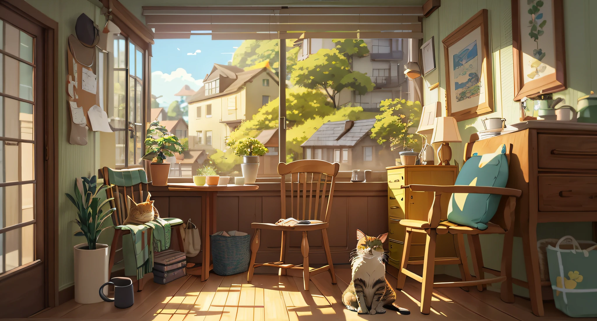 There was a cat sitting in the room,There was a table and chairs, Relaxing concept art, highly detailed scenario, cozy home background, Anime background art, cozy cafe background, studio ghibli sunlight, Detailed scenery —width 672, interior background art, atey ghailan 8 k, Cute detailed digital art, drawn in anime painter studio, In Studio Ghibli style