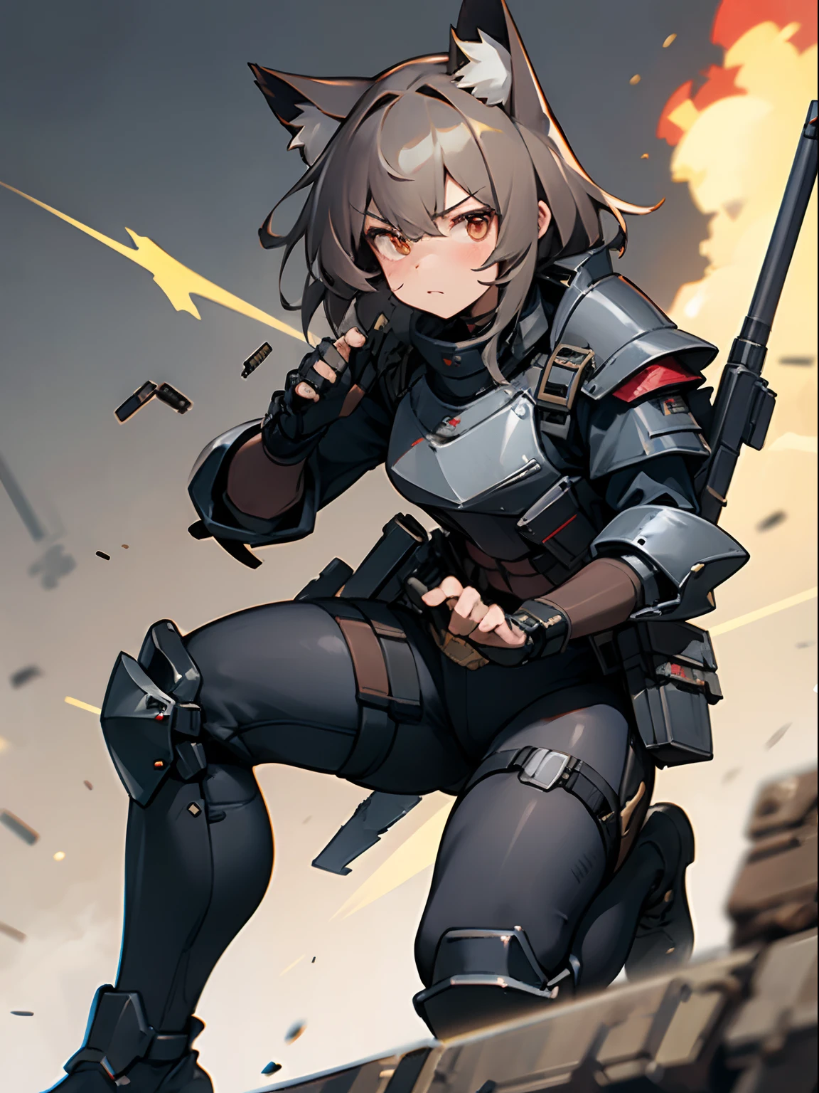 1 girl, cat ears, portrait, face portrait, closeup, dystopian, peacekeeper, cyberpunk, military, tactical, armor, platecarrier, bulletproof vest, technology, mechanical, wearing body armor, wearing bulletproof vest, glowing eyes, action shot, action pose, cinematic, depth of field, distant explosions, bullets, crouched behind cover, taking cover, taking fire, fingerless gloves, ballistic armor, hard armor, pouches, knee protection, knee pads, combat boots, fierce expression, breastplate, chin guards, leg armor