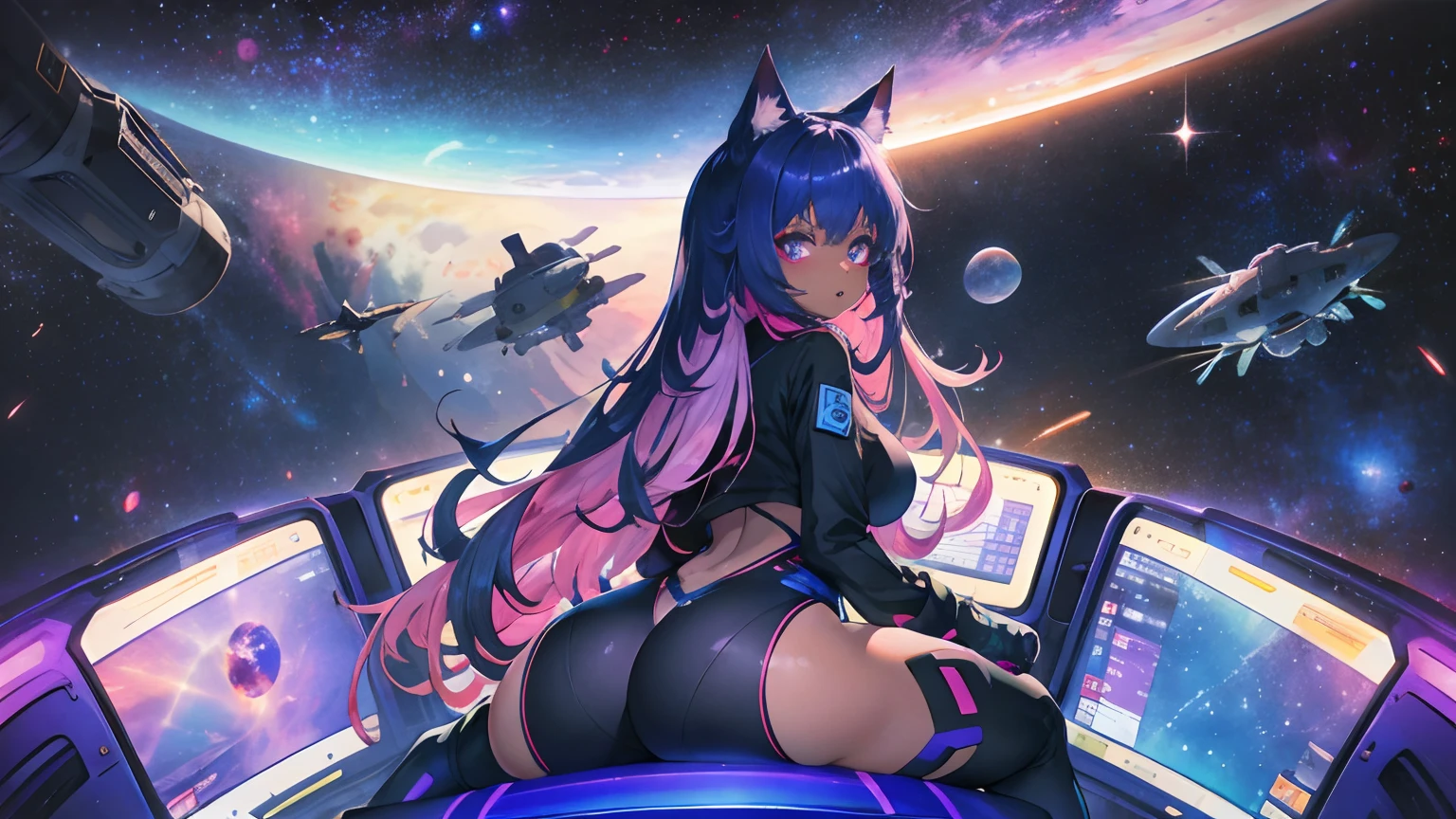 futuristic girl, dark skin, purple colored eyes, space, purple hair, blue hair, pink hair, long hair, furry, cat ears, round ass