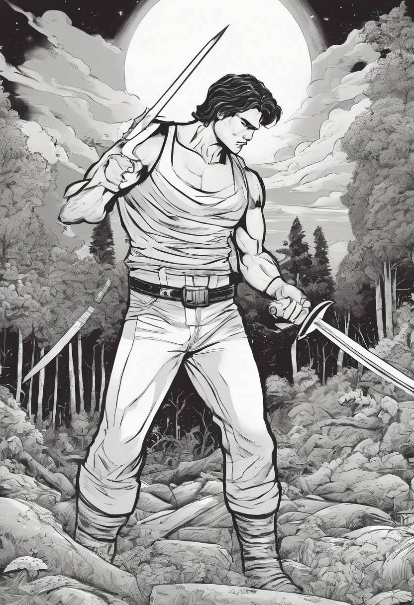 Strong man holding his mighty sword on the ground has dead people and in the background a forest of terror at night