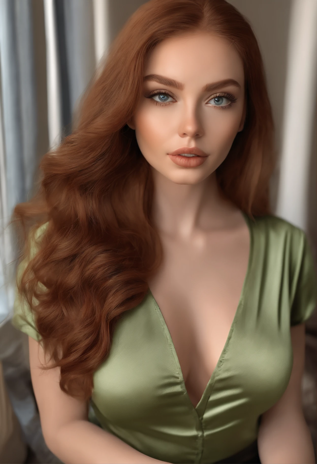 afed woman fully , sexy girl with green eyes, ultra realistic, meticulously detailed, portrait sophie mudd, ginger hair and large eyes, selfie of a young woman, bedroom eyes, violet myers,, natural makeup, looking directly at the camera, face with artgram, subtle makeup, stunning full body ,medium to large size bust eating healthy food on the balcony