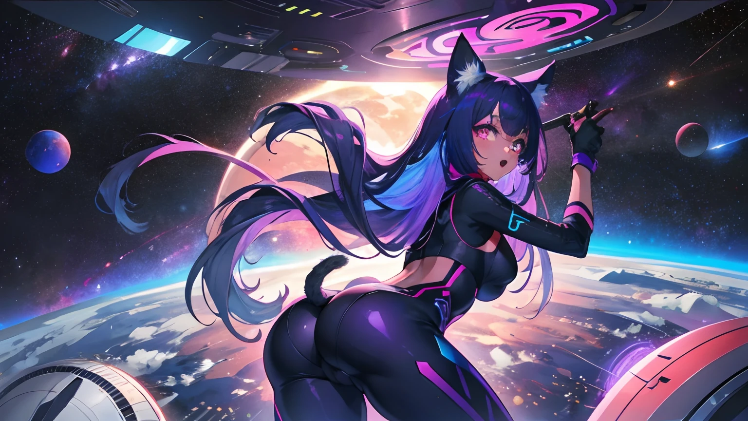 futuristic girl, dark skin, purple colored eyes, space, purple hair, blue hair, pink hair, long hair, furry, cat ears, round ass