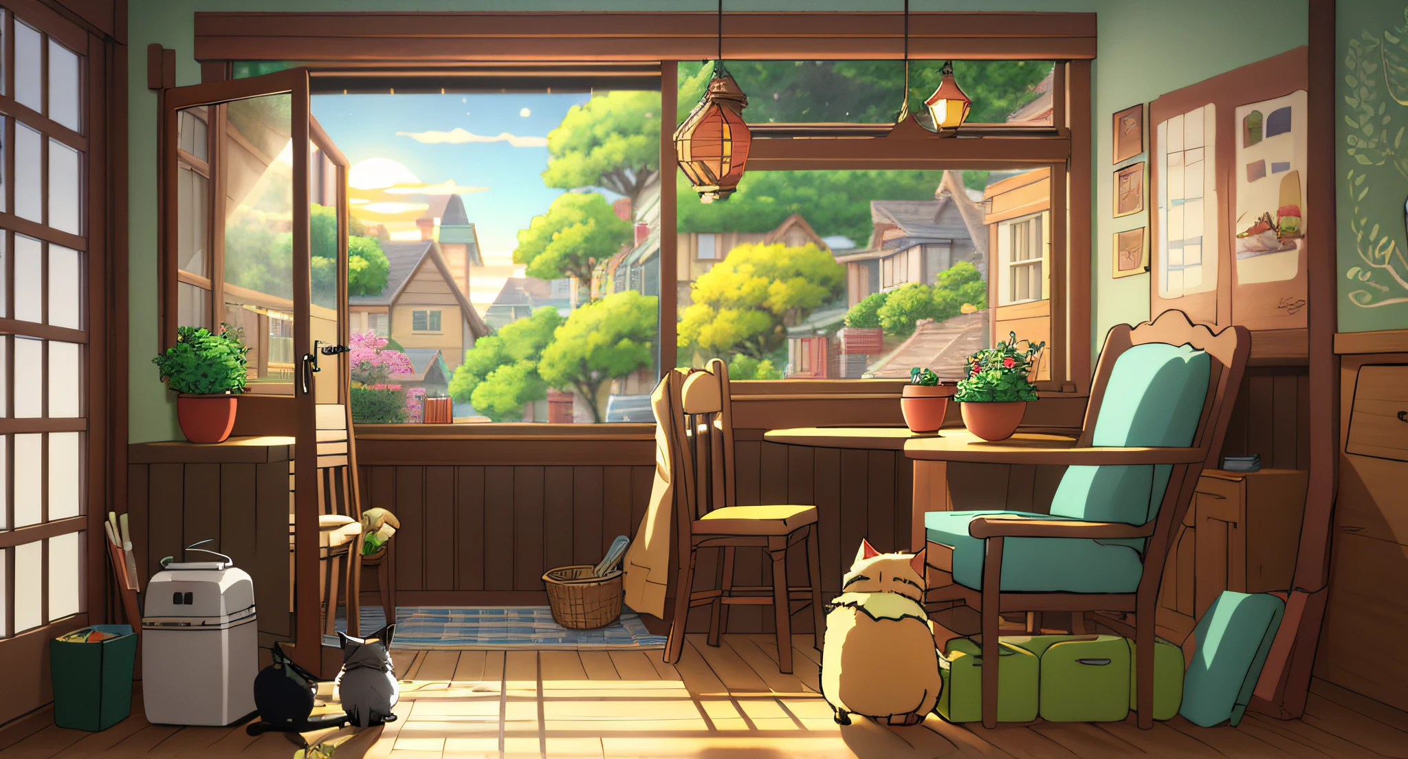 There was a cat sitting in the room,There was a table and chairs, Relaxing concept art, highly detailed scenario, cozy home background, Anime background art, cozy cafe background, the setting sun,apartament, Detailed scenery —width 672, interior background art, atey ghailan 8 k, Cute detailed digital art, drawn in anime painter studio, In Studio Ghibli style