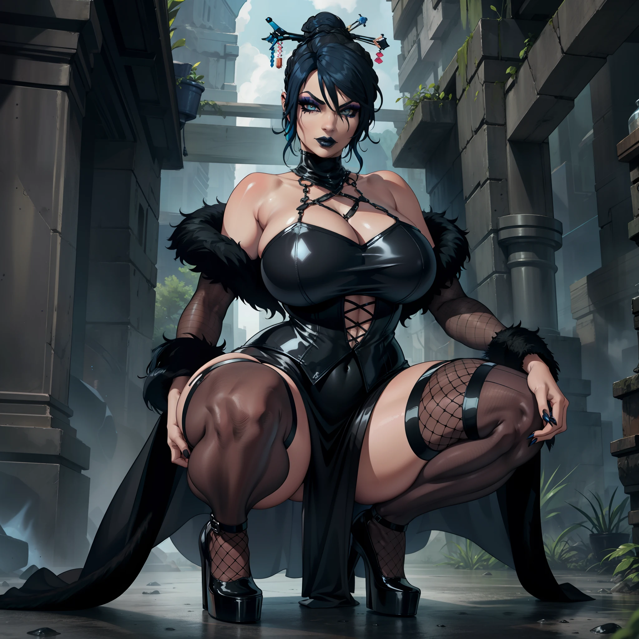 thicc Gothic female wearing sexy fur lined dress, has blue hair, thicc, wearing fishnets, squatting, nsfw, lewd, black lipstick, goth makeup