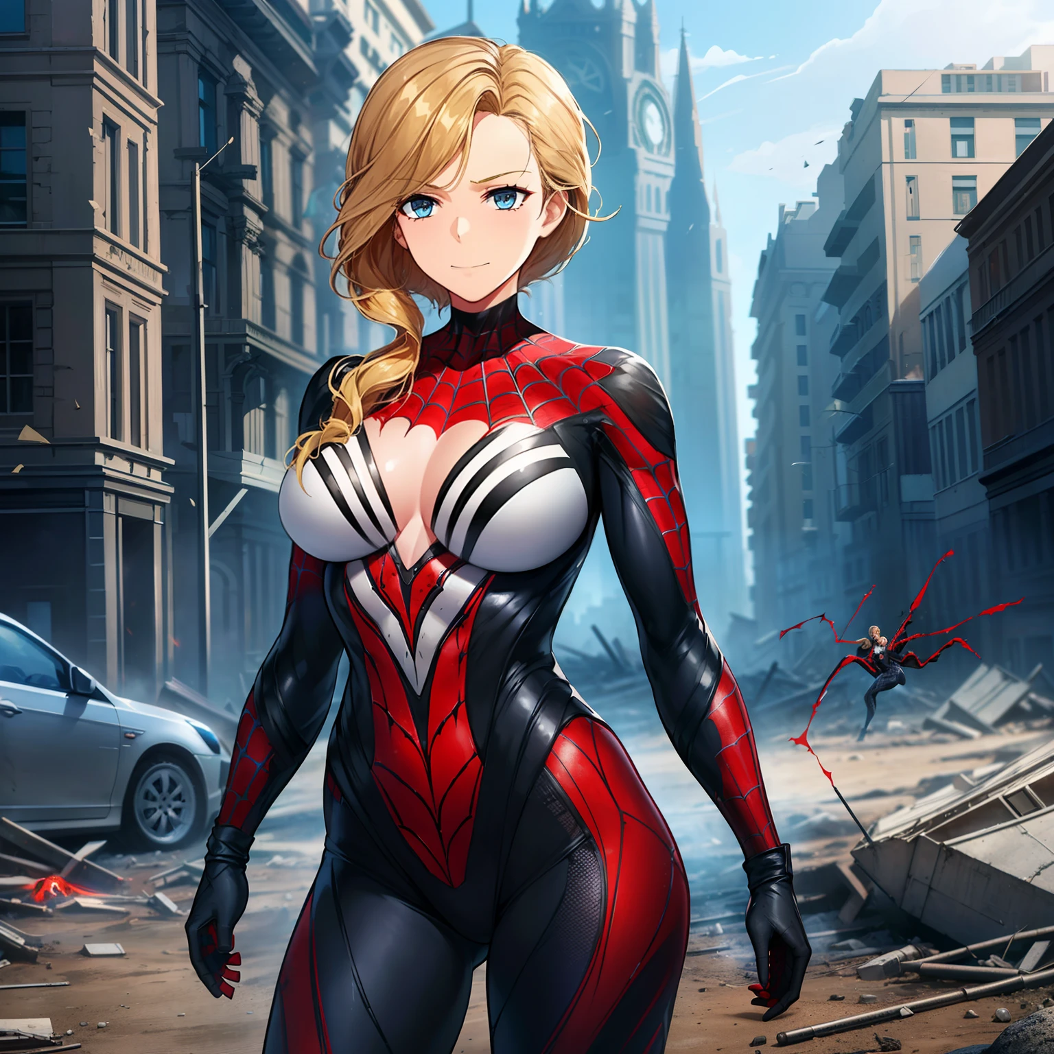 1girl,big breasts,standing in ruined city,(8k),scratches,detailed face,blond hair,blue eyes,medium hair,embarassed,small smile face,high_res, high_definition,the battlefield,Heroic pose,dark suit,(symbiote spider man Custome:1.1),