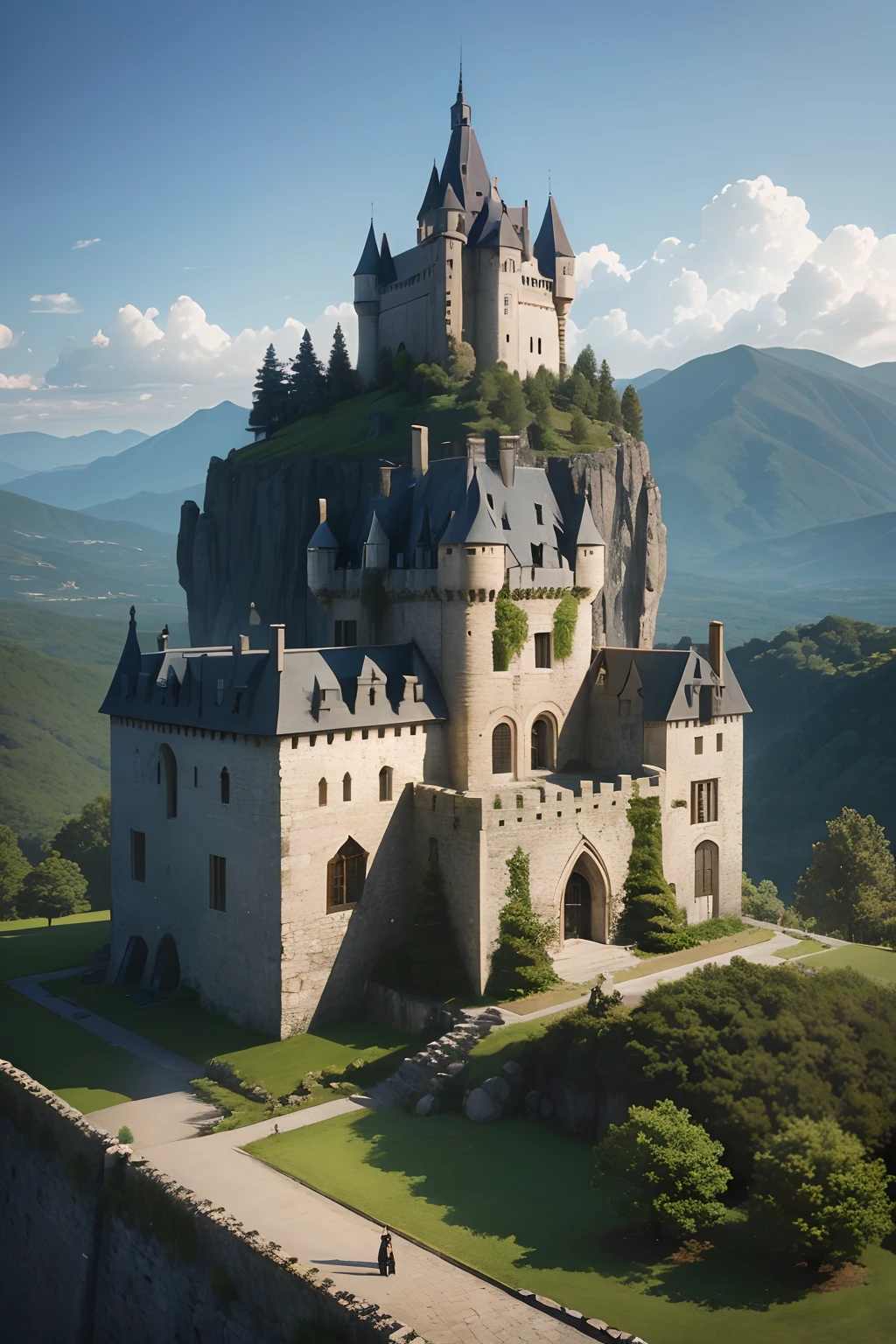 a stone castle, with a wall, in the late afternoon, with a statue in front, with a forest to the side, a mountain to the side, seen from afar and from above