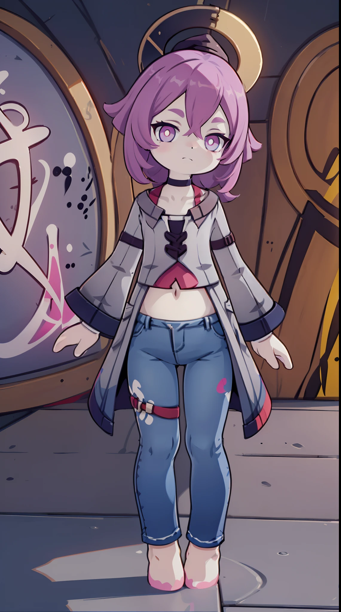 Melousine | genshin impact, master-piece, bestquality, 1girls,25 years old, proportional body, elongated legs, proportional.,Shoulder coat, Long Jeans, mediuml breasts, ,bara, crop top, choker, (Graffiti:1.5), Splash with purple lightning pattern., arm behind back, against wall, View viewers from the front., Thigh strap, Head tilt, bored, 10, 10, HD, slight smile,