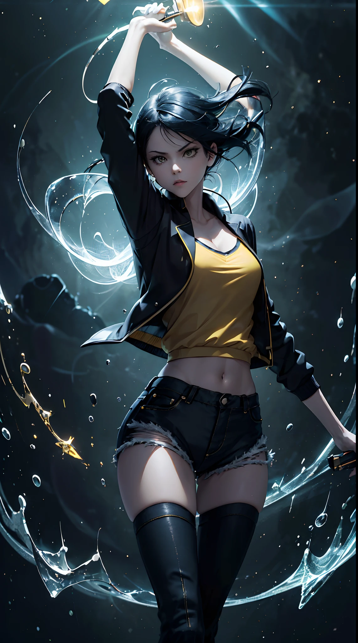 Woman, fight pose, Baddas stare,Hold a yellow violin with a yellow lightning emblem, yellow short wispy Pixie hair, yellow eyes, yellow short shirt, black hotpants jeans, black Jacket sweater ,In the middle of the shirt there is an omega symbol,HD lighting and dark )<=(epic image quality)dark atmosphere with bright particle light(many effects in background)