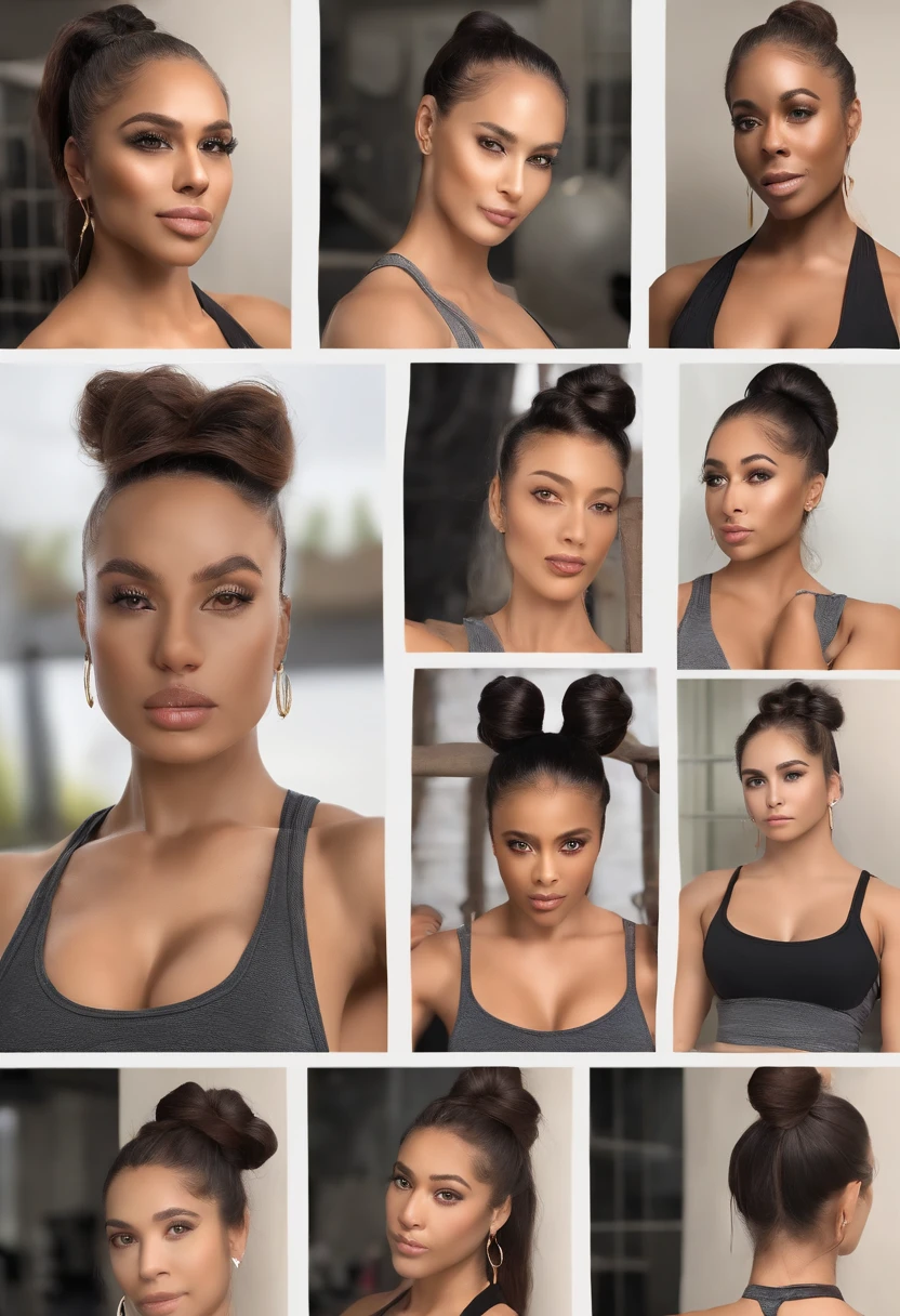 double bun hair,hyper HD,face expressionless,irate,,Four women with different looks pose for a group photo at the gym, Very beautiful,Strong arms,The arms are very thick,Very strong,huge muscle,Wide shoulders,Cephalus majors,extreme muscles,large shoulders,Bulging muscles,low head,Gray hair,grey long hair,golden hair,Black top,