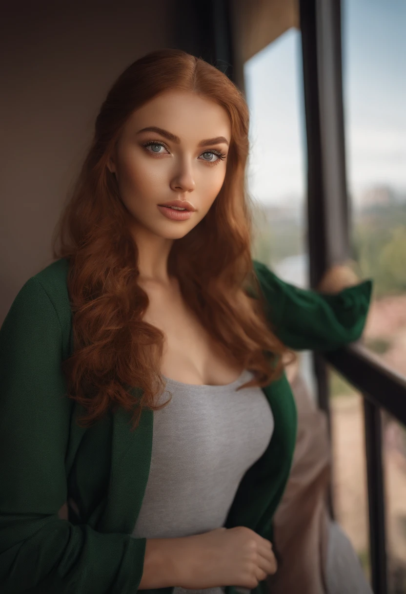 afed woman fully , sexy girl with green eyes, ultra realistic, meticulously detailed, portrait sophie mudd, ginger hair and large eyes, selfie of a young woman, bedroom eyes, violet myers,, natural makeup, looking directly at the camera, face with artgram, subtle makeup, stunning full body ,medium to large size bust eating healthy food on the balcony