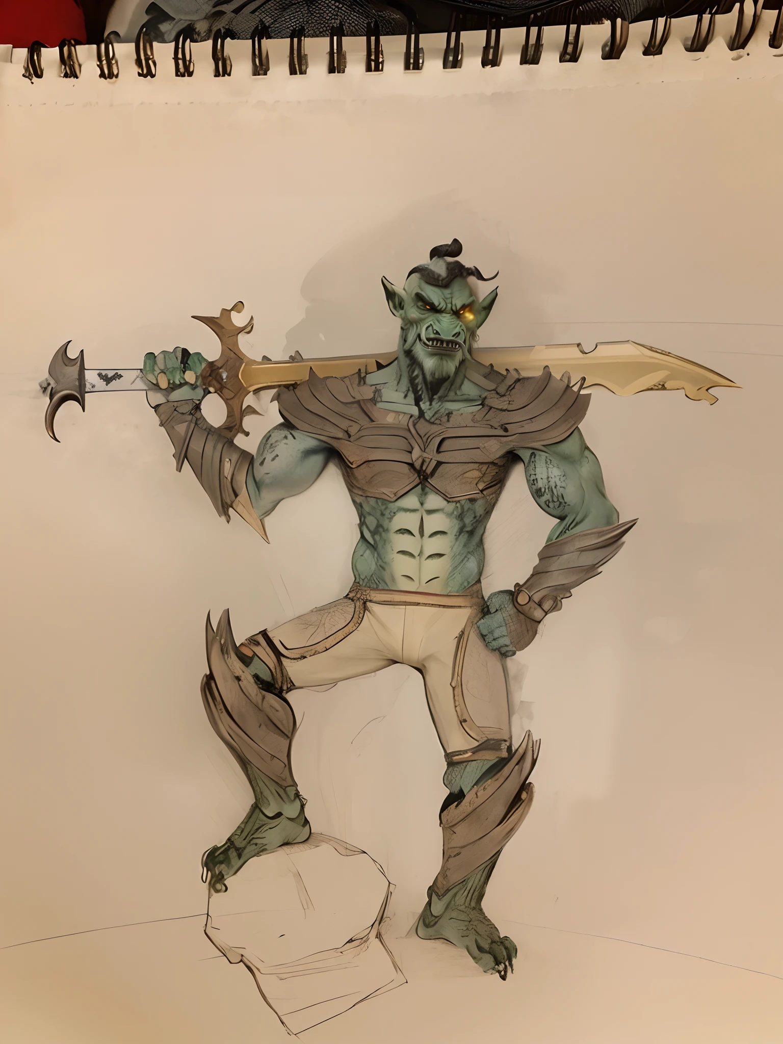 Half Black dragon orc, shirtless, hold a great sword across his back, green skin, black scales, bare foot, standing on a giant monster skull