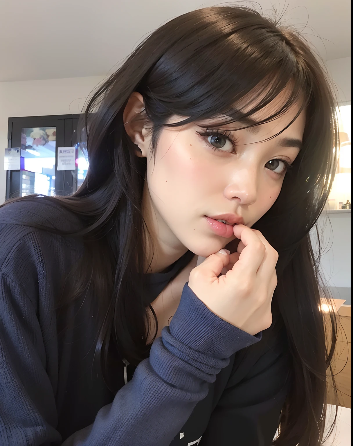 there is a woman that is sitting down with a plate of food, Ulzzang, Mulher sul-coreana bonita, menina coreana, linda mulher coreana jovem, Ela tem cabelo preto com franja, mulher coreana jovem bonita, Atriz coreana bonito, com franja, young adorable korean face, cabelos escuros longos com franja, Ilya Kuvshinov com cabelo longo, Jaeyeon Nam