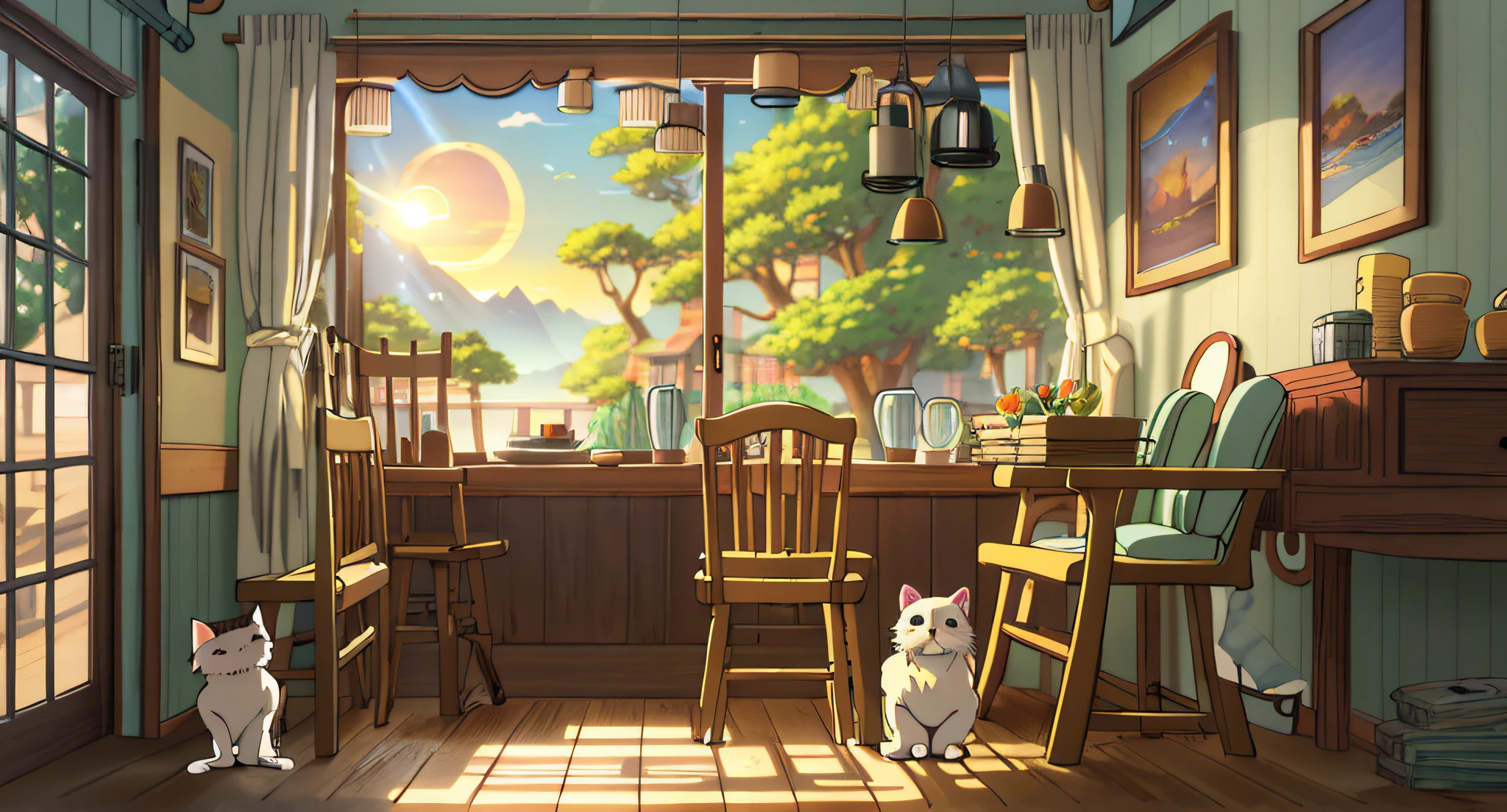 There was a cat sitting in the room，There was a table and chairs, Relaxing concept art, highly detailed scenario, cozy home background, Anime background art, cozy cafe background, the setting sun，apartament, Detailed scenery —width 672, interior background art, atey ghailan 8 k, Cute detailed digital art, drawn in anime painter studio, In Studio Ghibli style