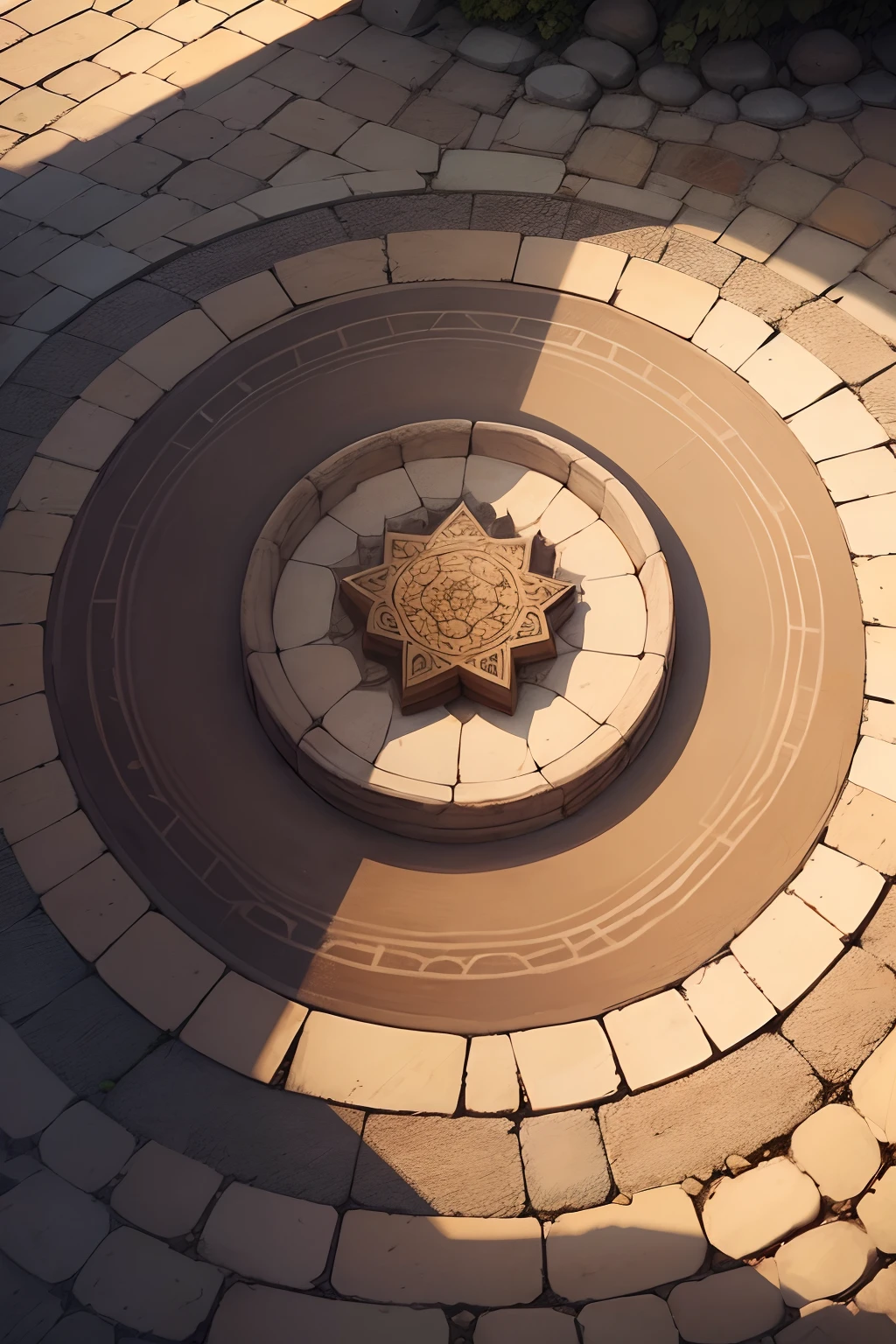 drawings on the ground made of stones with 4 lions drawn, a crown drawn in the middle, on the outside, with dust and leaves on top