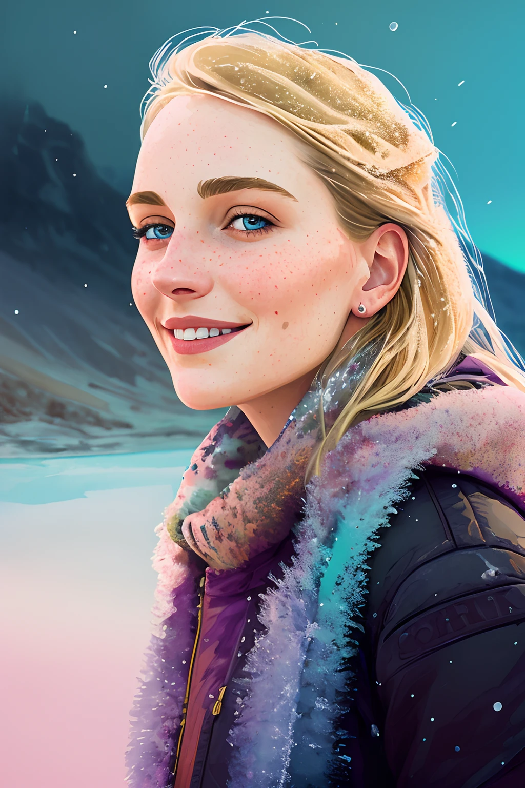 Portrait of ilya kuvshinov and annie leibowitz beautiful smiling woman with some freckles, snow covered mountain landscape background. synthwave watercolor on canvas trends artstation dramatic lighting abstract expressionism pastel tones (HD) golden ratio detail aesthetics octane rendering excellent composition natural texture 8k oil painting masterpiece Canon eos r4s 50