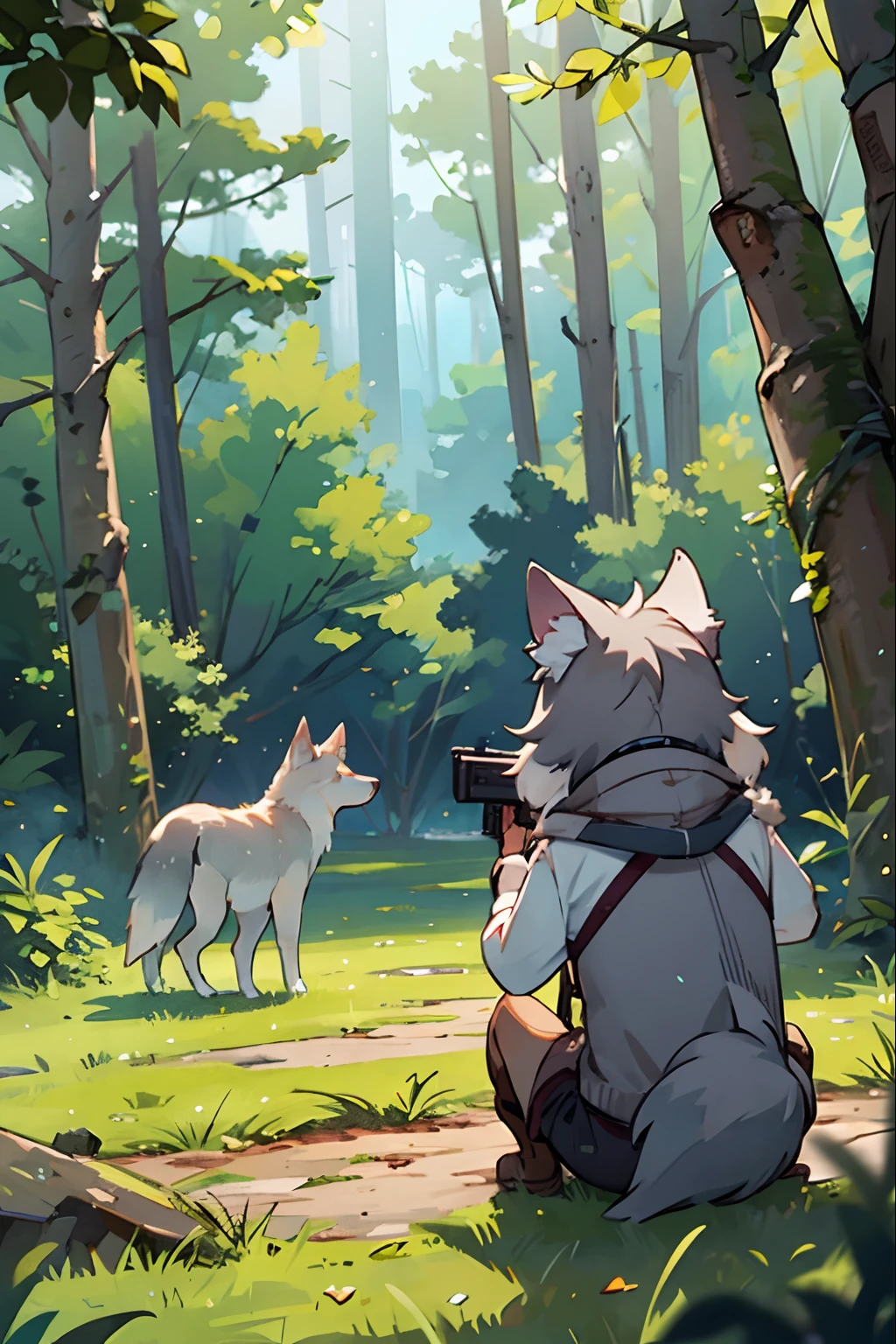in woods、One Wolf、Aiming for prey、Shooting from behind