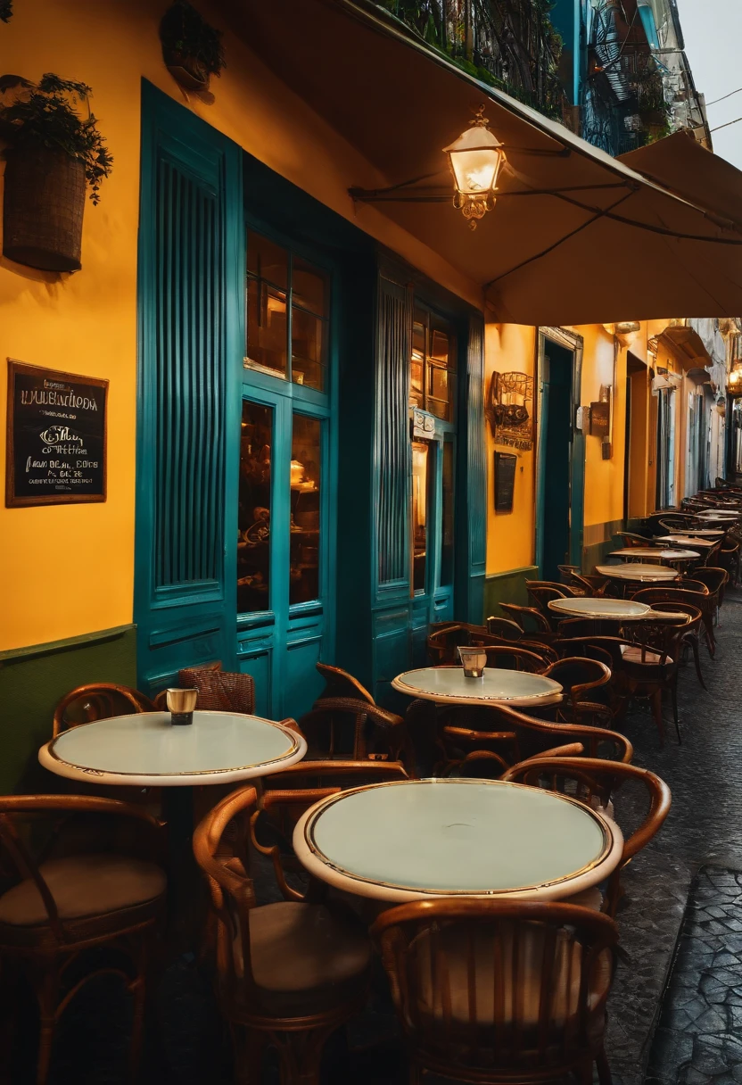 Photo of a café, Rua molhada, Buildings, rua movimentada, ciclo, Lixo, nostalgia, Ultra Qualidade, hiper detalhado,