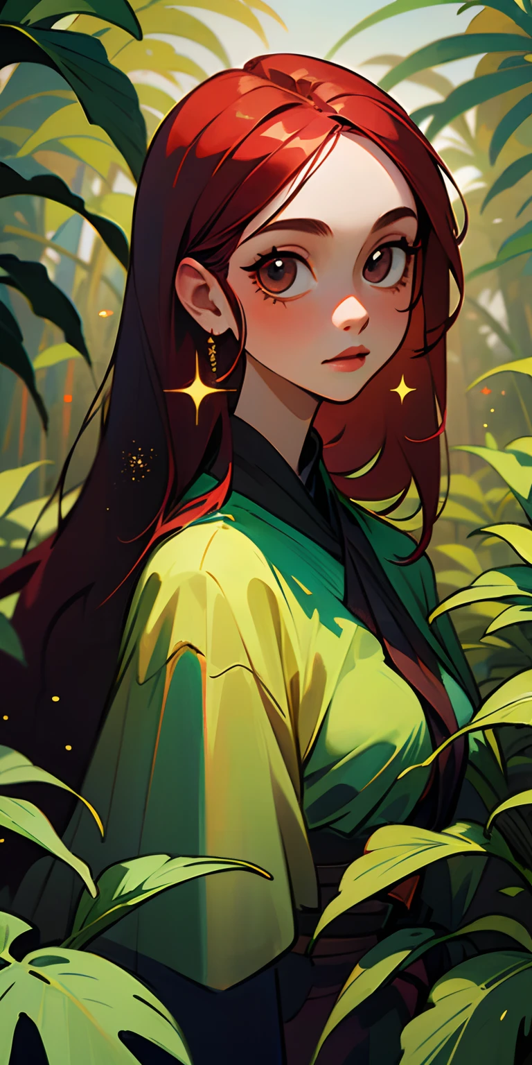 (best quality, masterpiece), 1girl, jungle , glitter, dress, particle, leaves, upper body, looking at viewer, red long hair