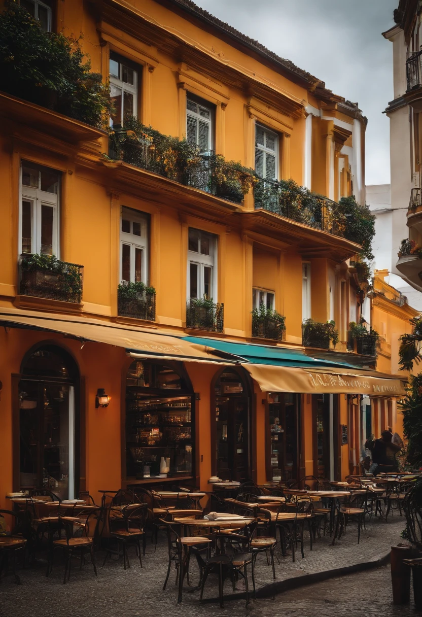 Photo of a café, Rua molhada, Buildings, rua movimentada, ciclo, Lixo, nostalgia, Ultra Qualidade, hiper detalhado,
