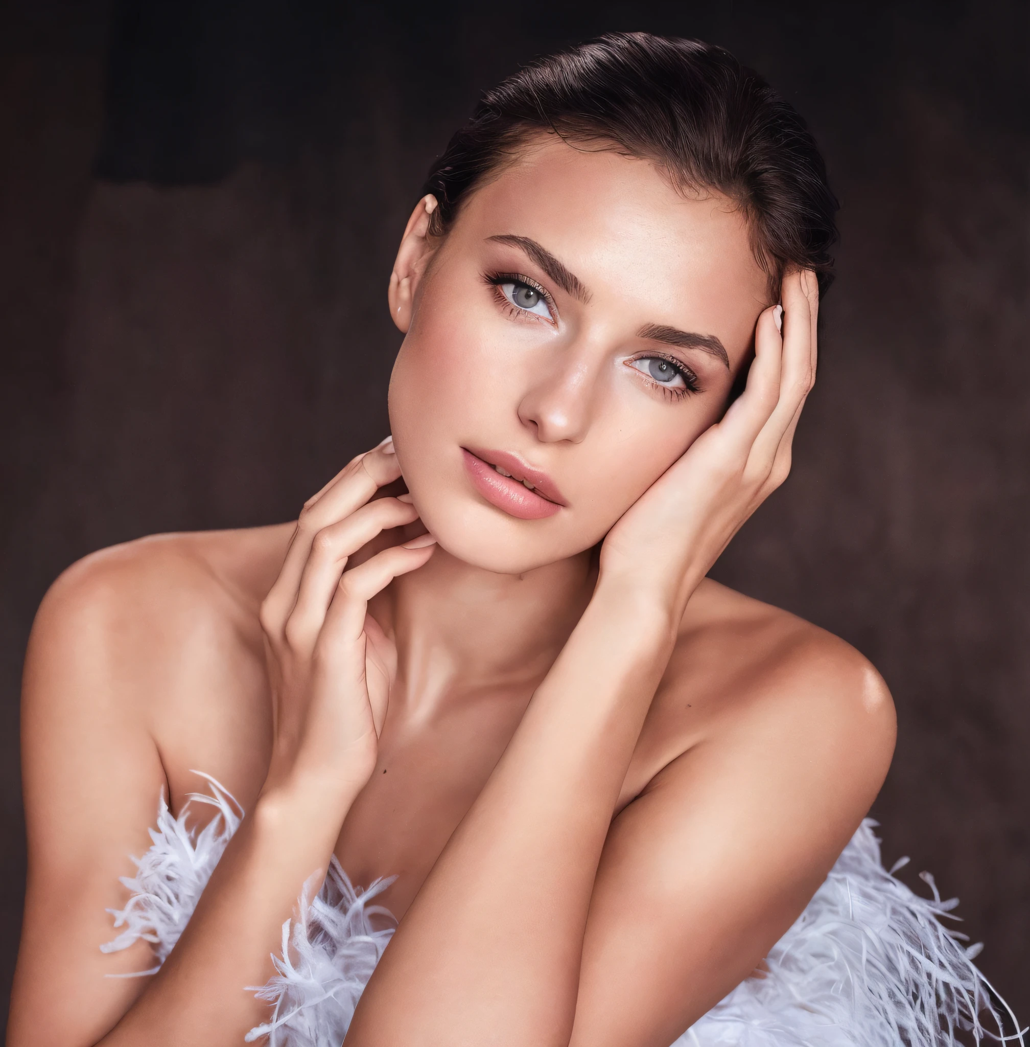 arafed woman with a white feather dress posing for a picture, portrait sophie mudd, diffused natural skin glow, aleksandra waliszewska, beautiful model, beauty campaign, inspired by Emma Andijewska, angelina stroganova, olga buzova, glossy skin, dewy skin, magdalena radziej, perfect face model