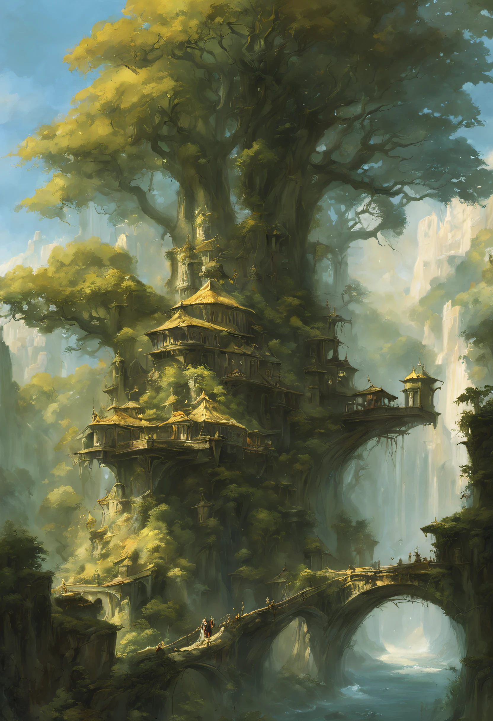 Elven City of Erindor: Trees that are hundreds of years old々Suspended between the canopies of, Erin Doll、It is a sight of house architecture in harmony with nature, Ethereal bridges and crystal clear fountains. Art Style Frank Frazetta