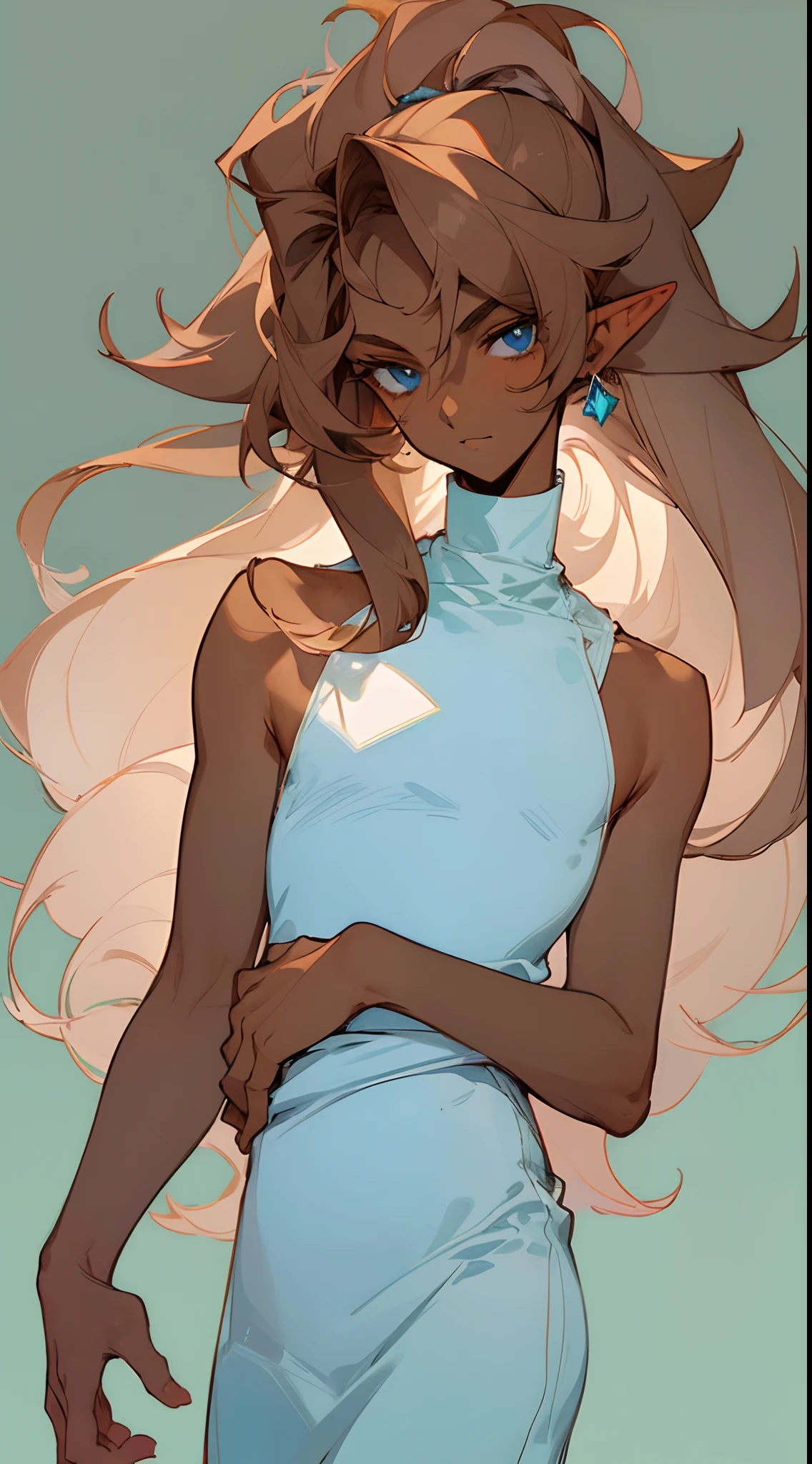 (masterpiece, best quality) detailed, 1Character , blue archive art style ,  pastel washed out colors , cell shade , soft, muted shades ,gentle colors ,

Wearing a sleeveless turtleneck, crop top , white and blue clothes , 
((Beautiful man:1)) , ((Dark skin:1.5)) , ((long hair)) , ((brown hair)) , ((male:1.4)) , full lips , light blue eyes ,((pointed ears:1)) ,big hair , voluminous hair , ((Skinny build)) ,effeminate , full long eyelashes , Bishounen, possess delicate and androgynous features