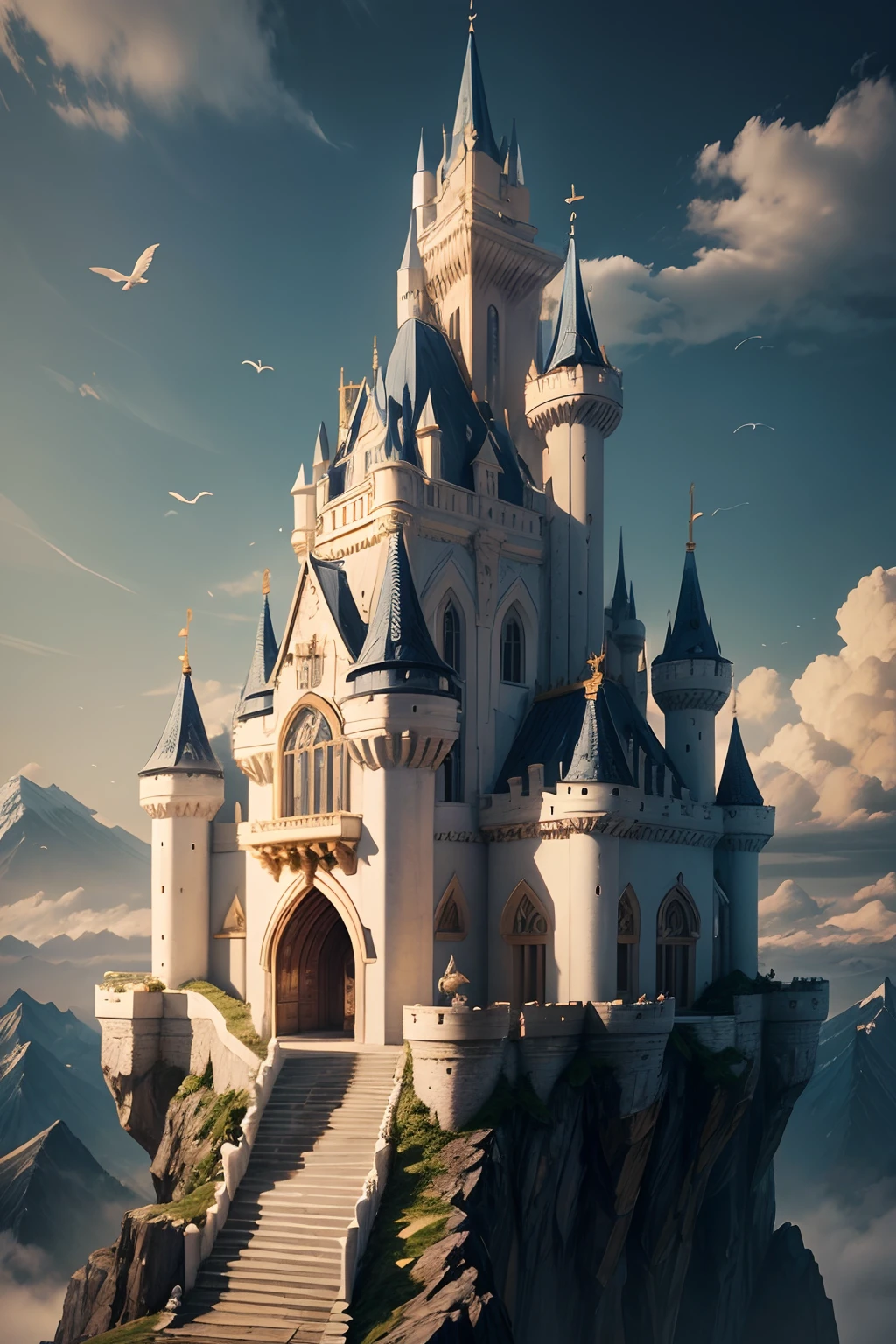 a white and gold castle, on top of a very high mountain, with clouds around it, seen from above and from afar, with birds and dragons around it, with no stairs to climb and no mountains the same size as it