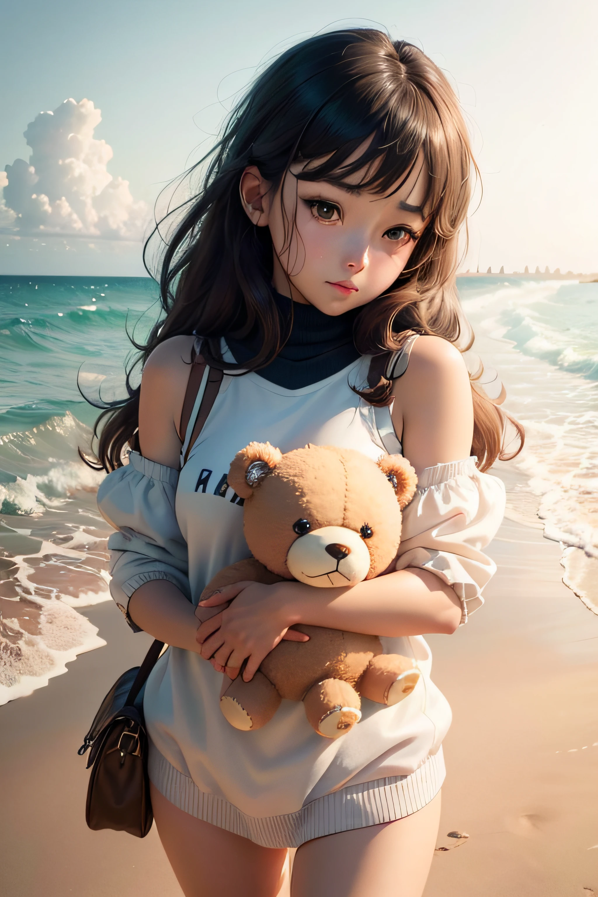 There is a woman with a teddy bear on the beach, kawaii realistic portrait, Cute anime girl, Anime visuals of cute girls, Smooth Anime CG Art, artwork in the style of guweiz, portrait of cute anime girlbabes, Cute Portrait, Beautiful Anime Portrait, Beautiful anime girl, portrait of cute anime girlbabes, realistic anime 3 d style --auto