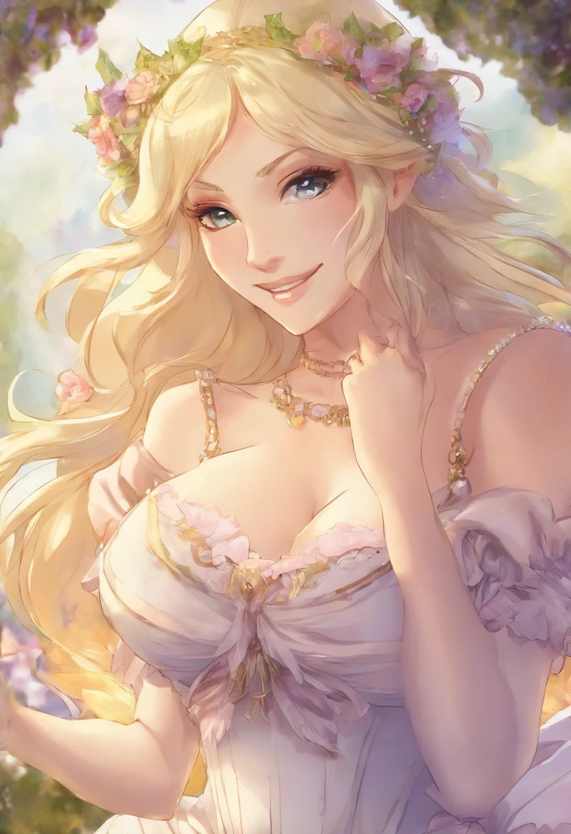 Blond, large breasts, lactating, beautiful woman, smiling, anime screenshot