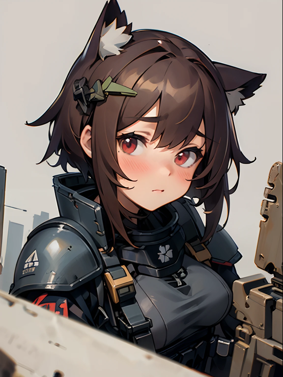 masterpiece, 8k, high quality, 1 girl, cat ears, (face portrait), red eyes, stockings, fingerless gloves, brown hair, (closeup), armor insert, ballistic plate, platecarrier, tactical armor, tactical vest, chest rig, military, bulletproof armor, security equipment, peacekeeper, dystopian, ruined cityscape, cyberpunk, breastplate